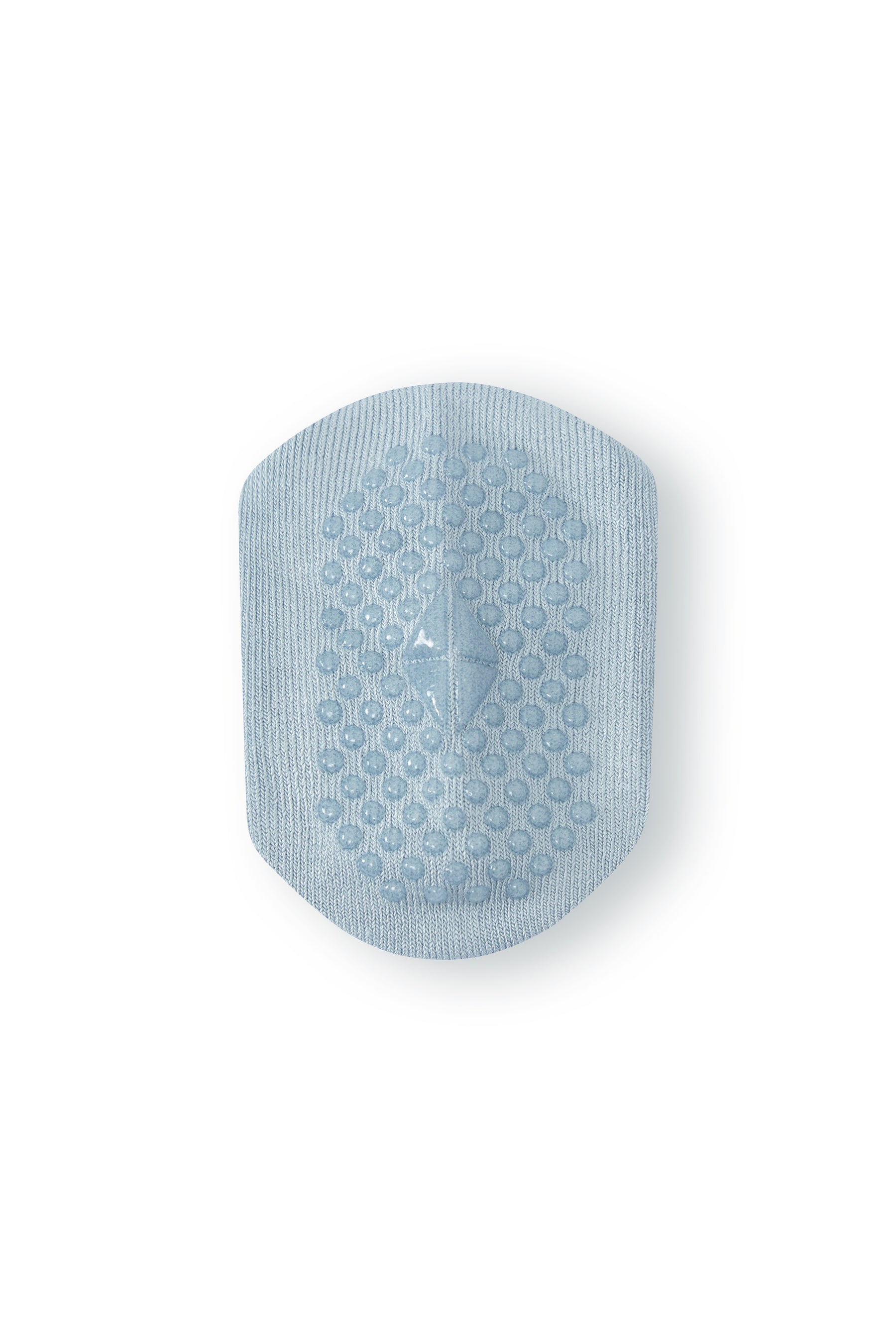 A light blue textured grip pattern on a crew sock, shown on a plain white background.