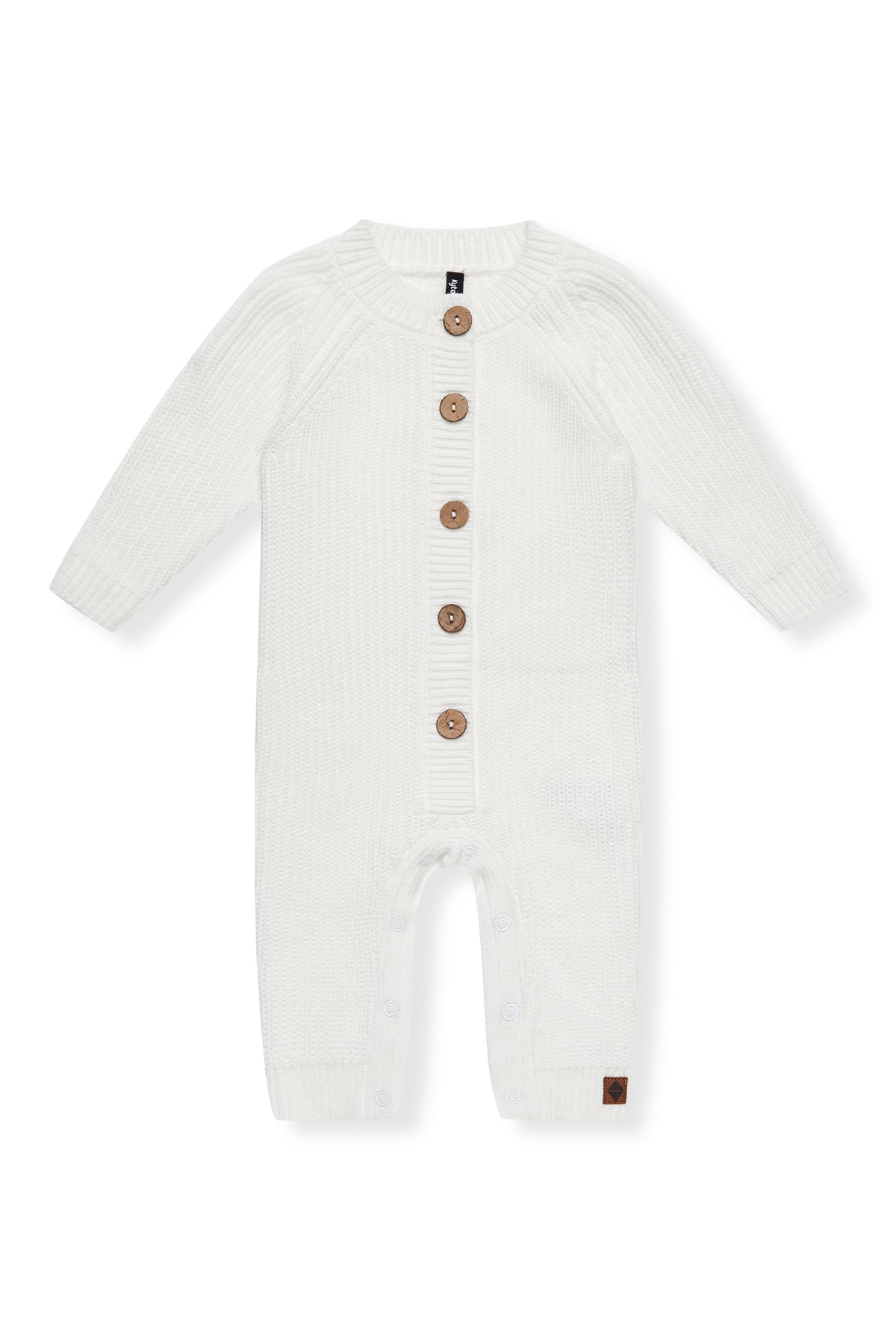 Chunky Knit Jumpsuit in Cloud with buttons on a white background