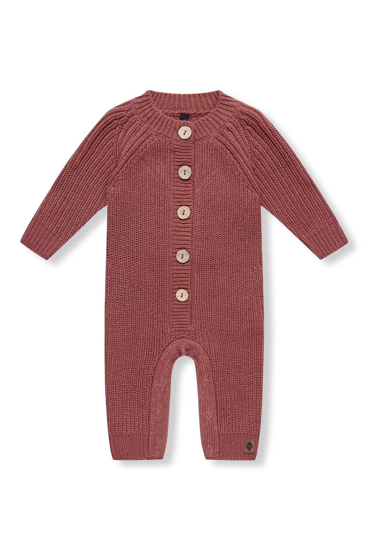 Chunky Knit Jumpsuit in Ember with buttons on a white background