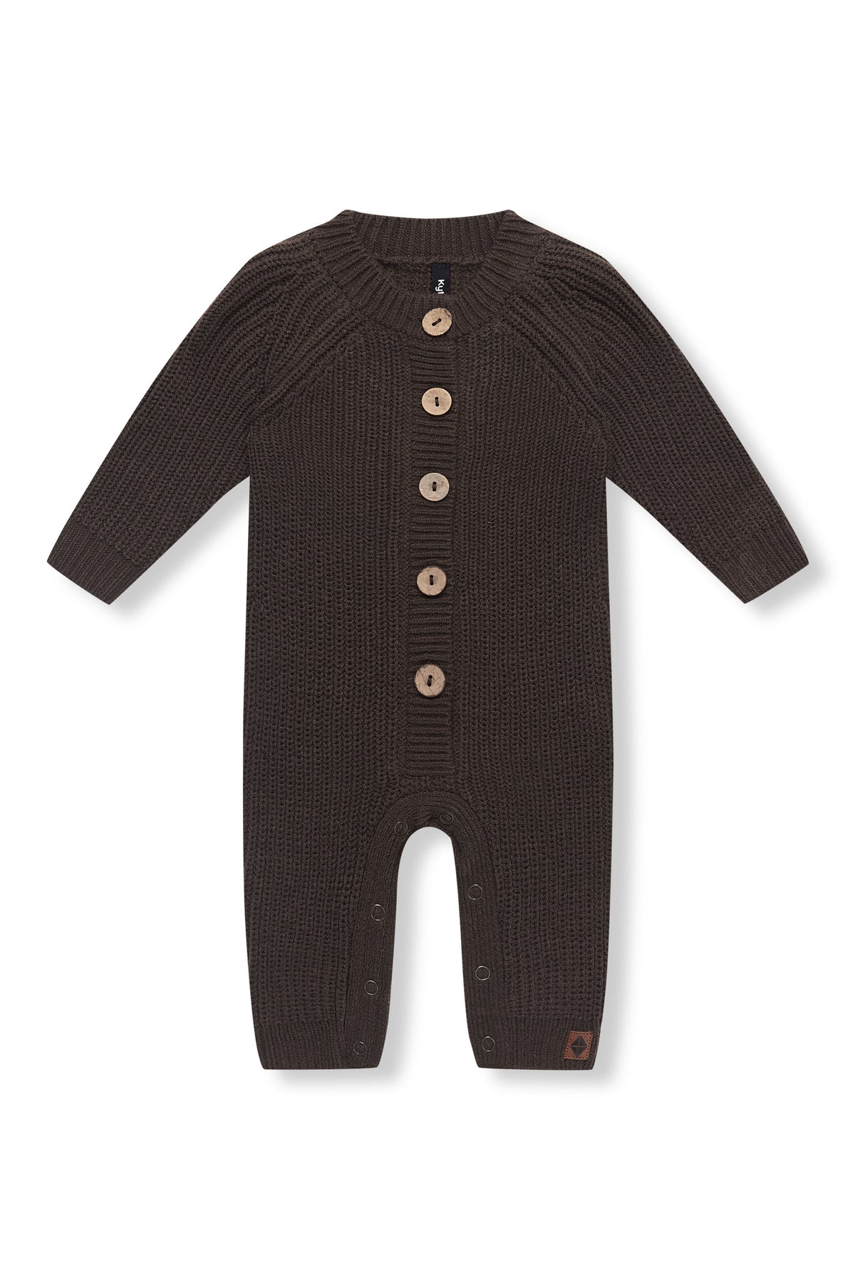 Chunky Knit Jumpsuit in espresso with buttons on a white background
