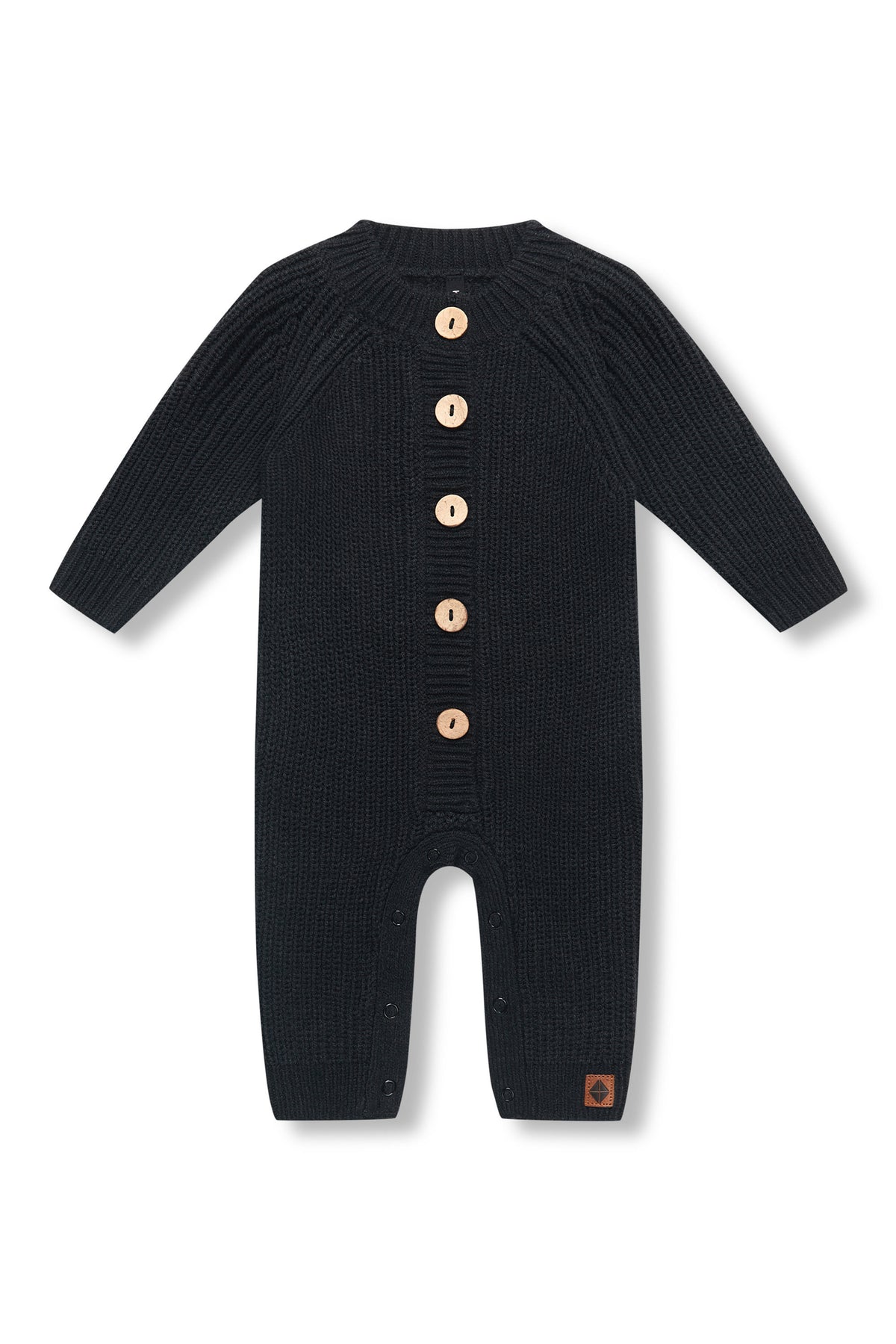 Chunky Knit Jumpsuit in Midnight with buttons on a white background