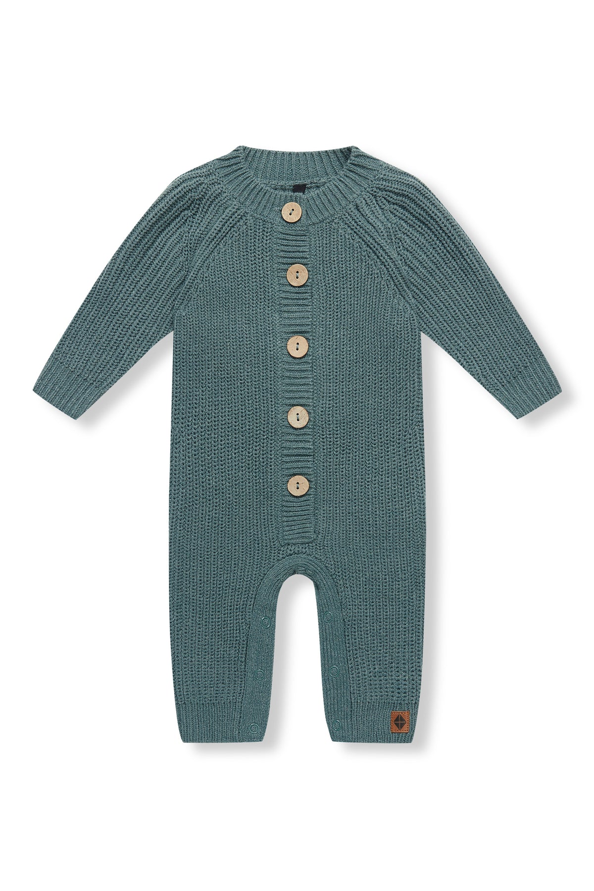 Chunky Knit Jumpsuit in Pine with buttons on a white background