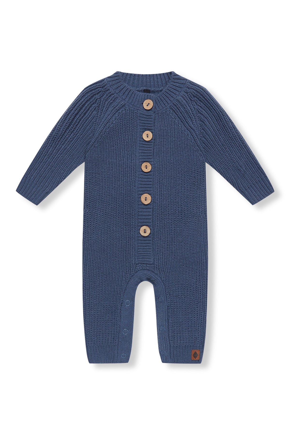 Chunky Knit Jumpsuit in oxford with buttons on a white background