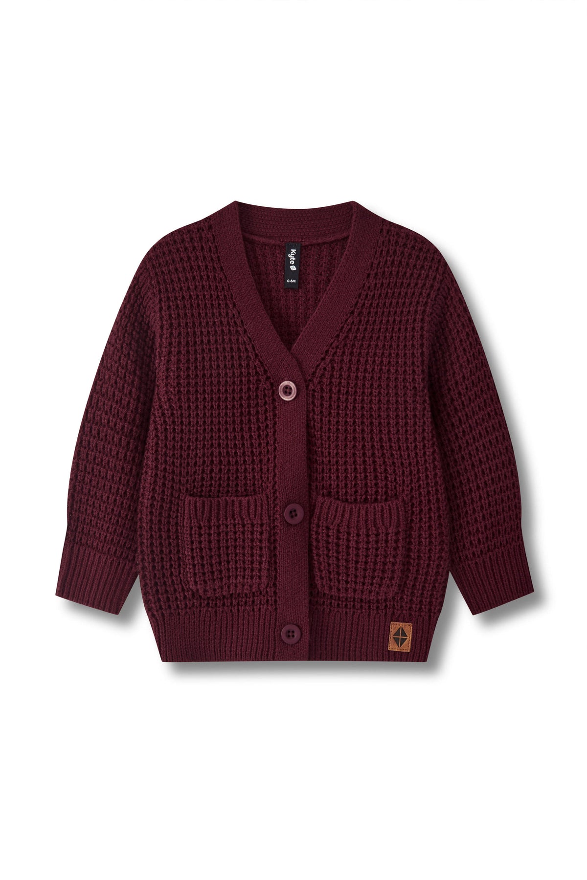 A burgundy textured knit cardigan sweater with a V-neck, three buttons, and two front patch pockets, shown flat on a white background.