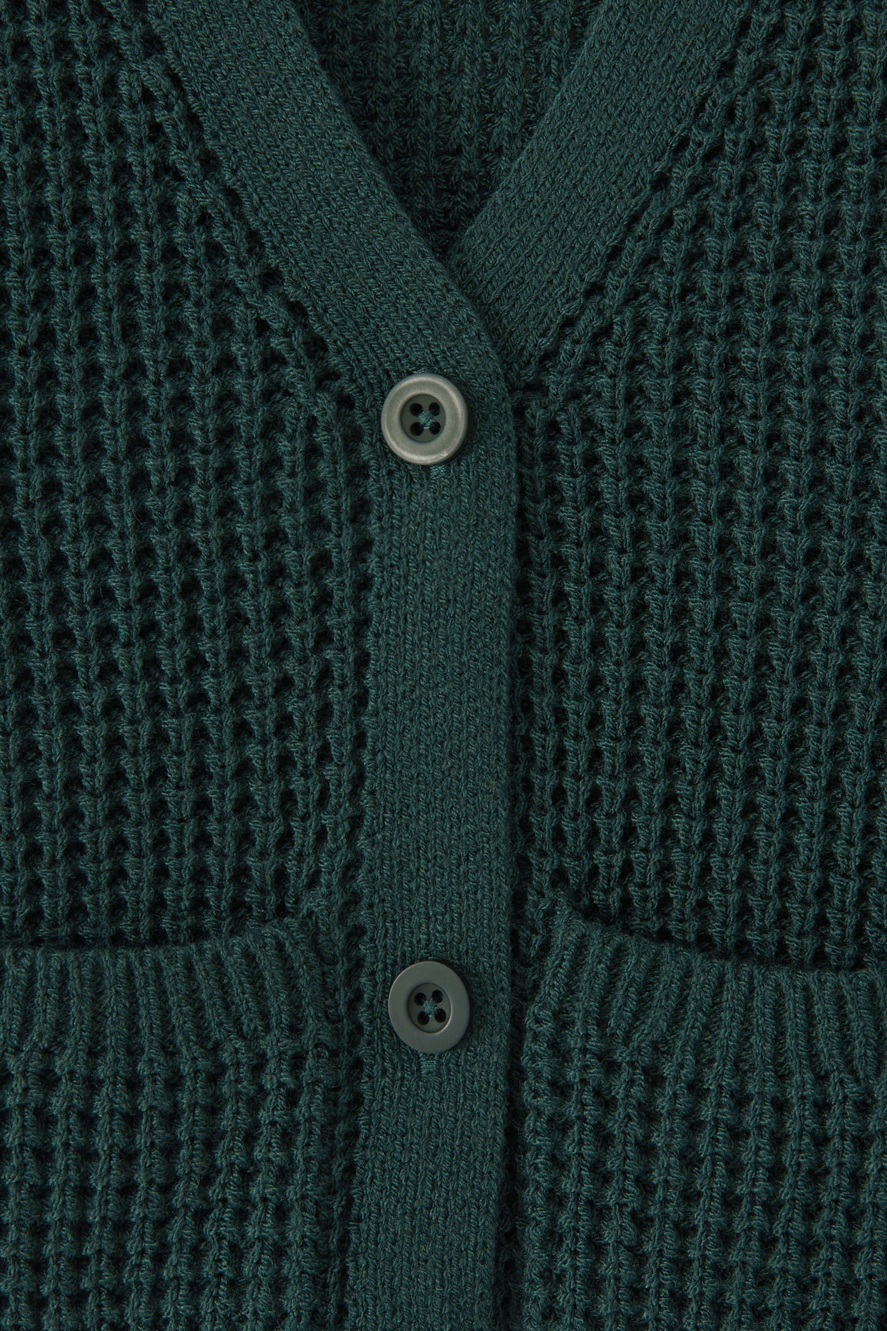 Close-up of a textured knit cardigan in a dark green color, featuring a waffle-weave pattern, ribbed trim, and two white buttons.