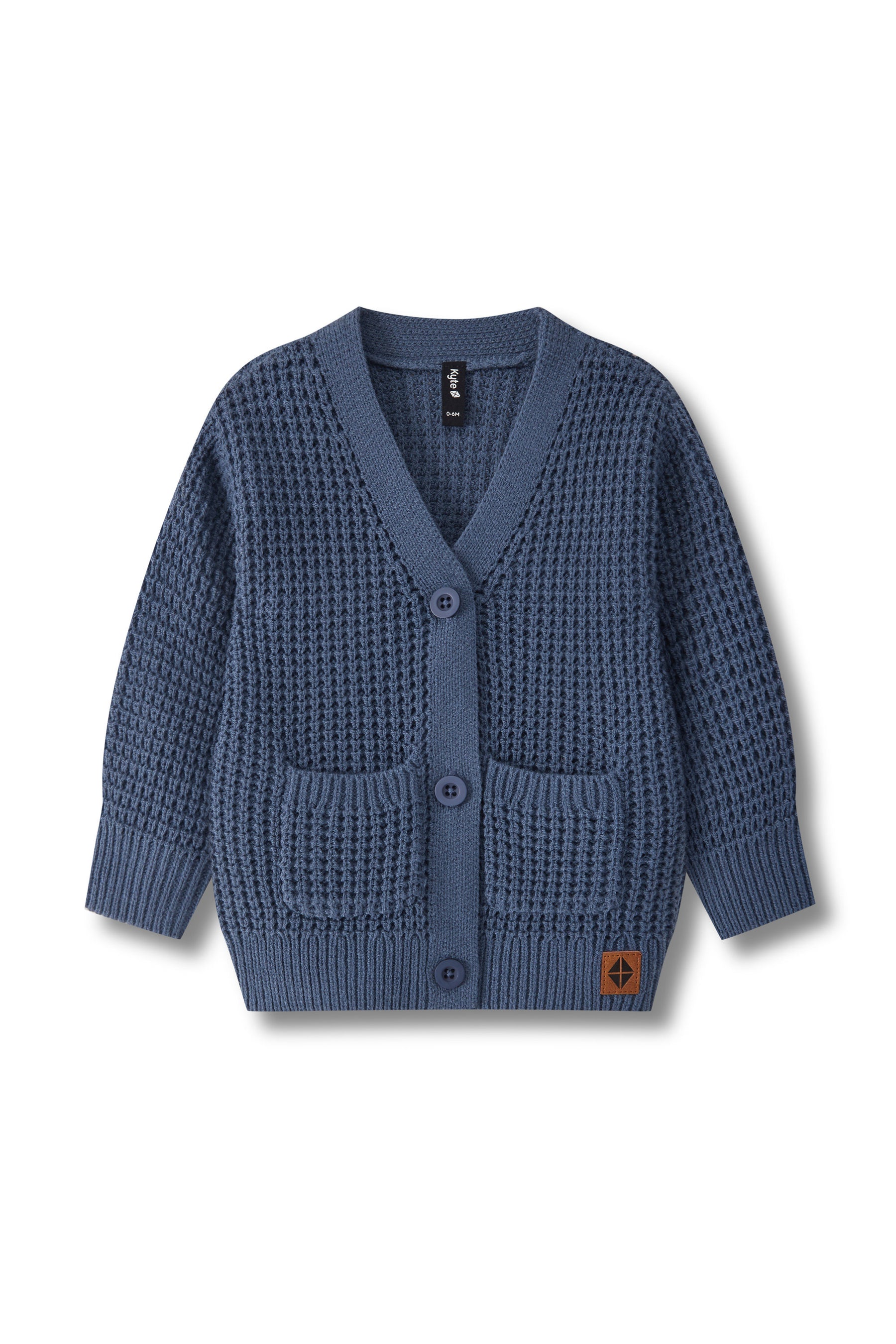 A blue textured knit cardigan sweater with a V-neck, three buttons, and two front patch pockets, shown flat on a white background.