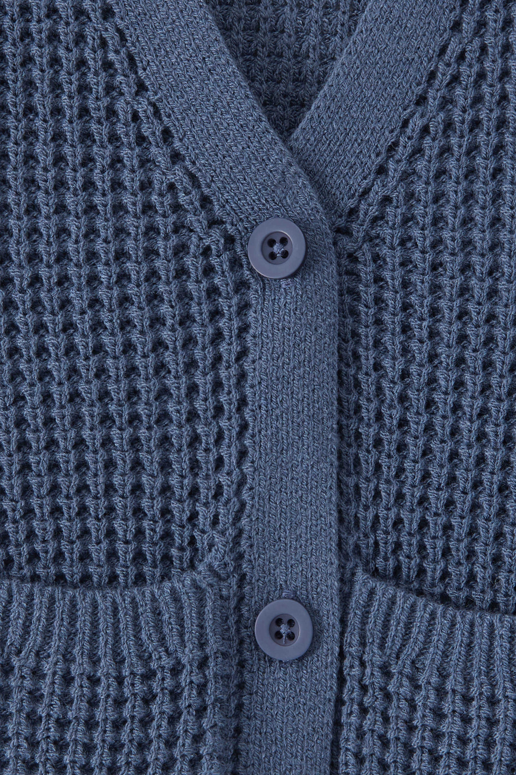 Close-up of a textured knit cardigan in a blue color, featuring a waffle-weave pattern, ribbed trim, and two white buttons.