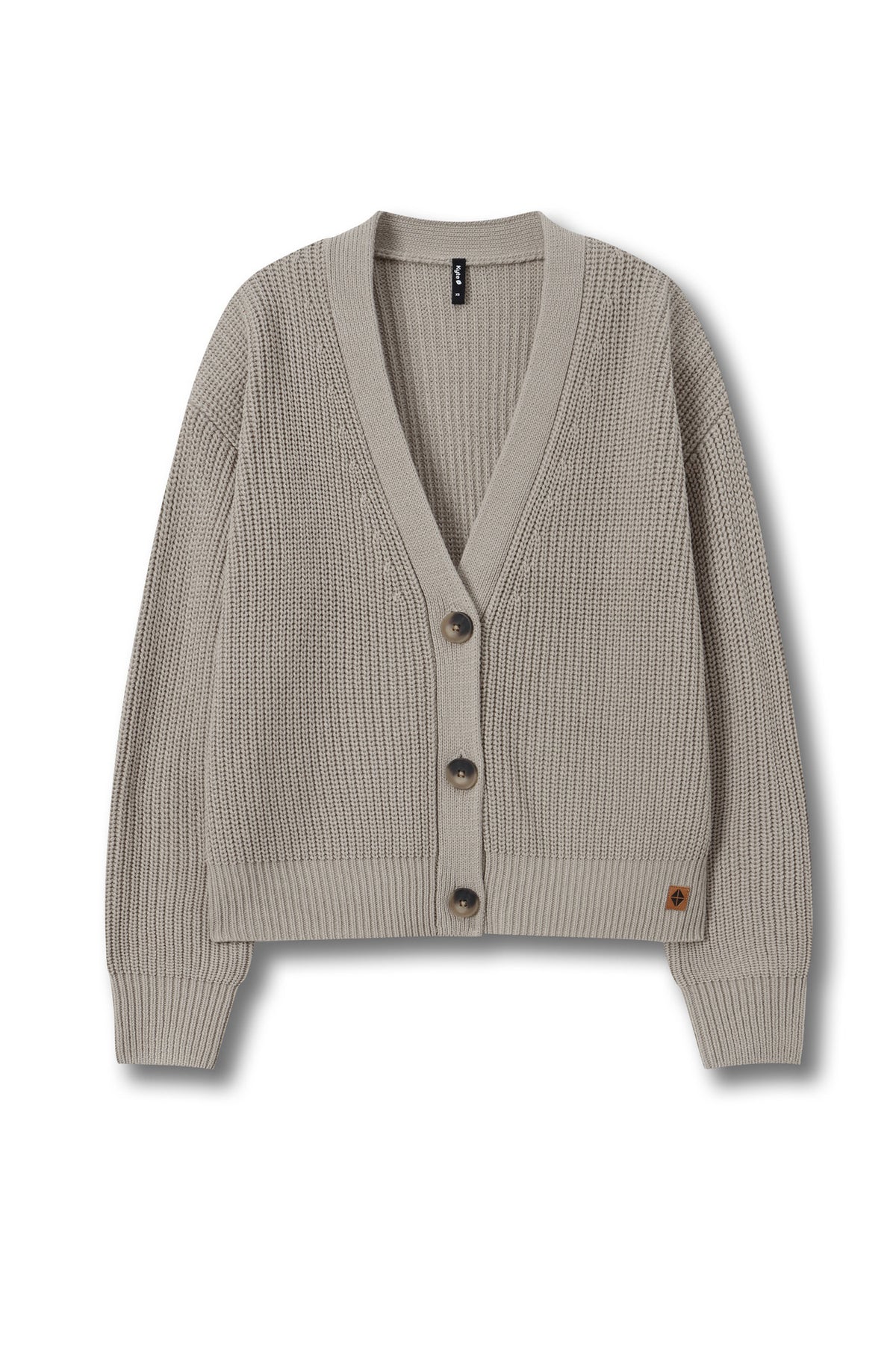 A light taupe ribbed knit cardigan sweater with a V-neck, button closure, and long sleeves, shown flat on a white background.