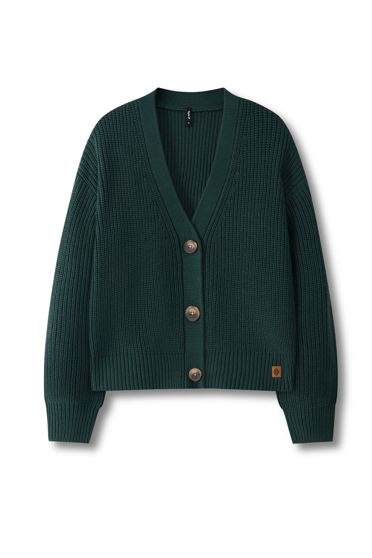 A dark green ribbed knit cardigan sweater with a V-neck, three brown buttons, and a small orange square patch on the lower left hem, displayed on a clean white background.