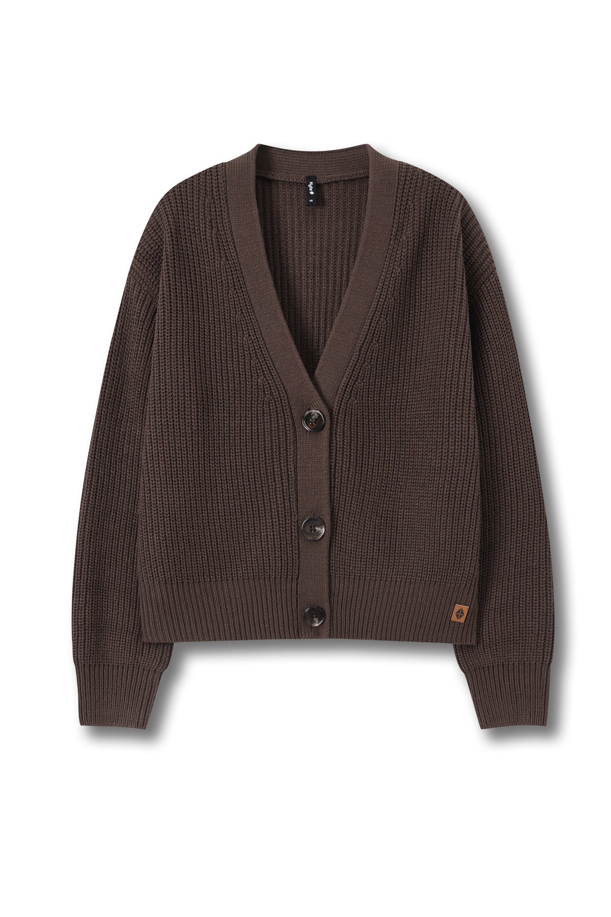 A dark brown ribbed knit cardigan sweater with a V-neck, three dark buttons, and a small orange brand patch on the lower left hem, displayed on a clean white background.