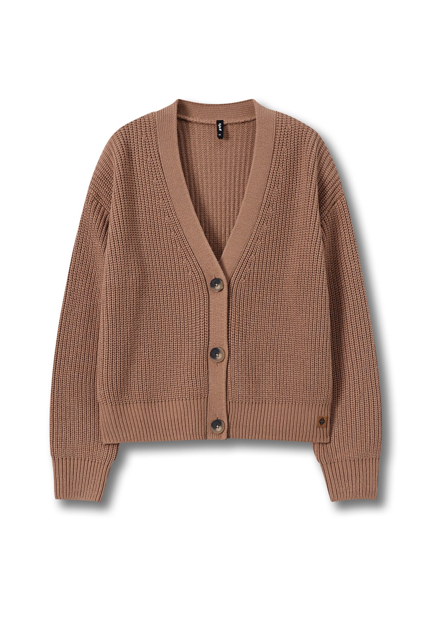 A cropped, long-sleeve ribbed knit cardigan in a warm taupe-brown color, featuring a V-neck, dark brown buttons, and a small embroidered logo on the lower left hem, displayed against a clean white background.
