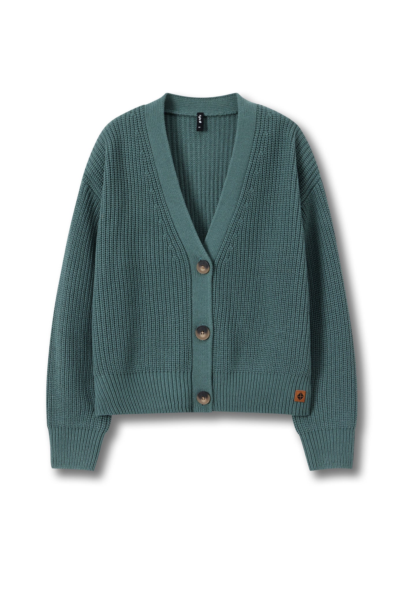 A teal green ribbed knit cardigan sweater with a V-neck, three brown buttons, and a small brown logo patch on the left sleeve cuff, displayed against a clean white background.