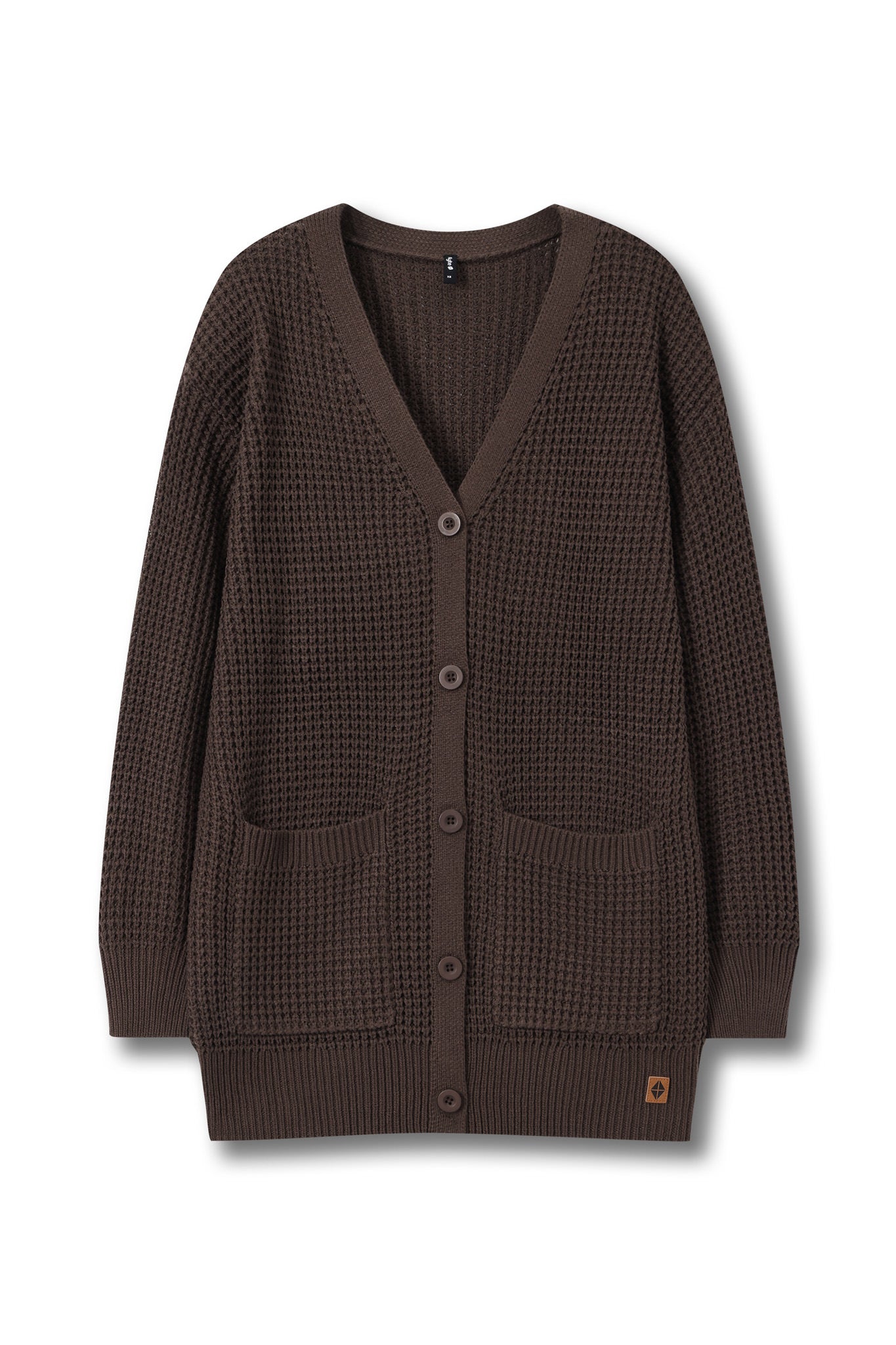 A dark brown waffle-knit cardigan sweater with a V-neck, button closure, and front pockets, shown on a plain white background.