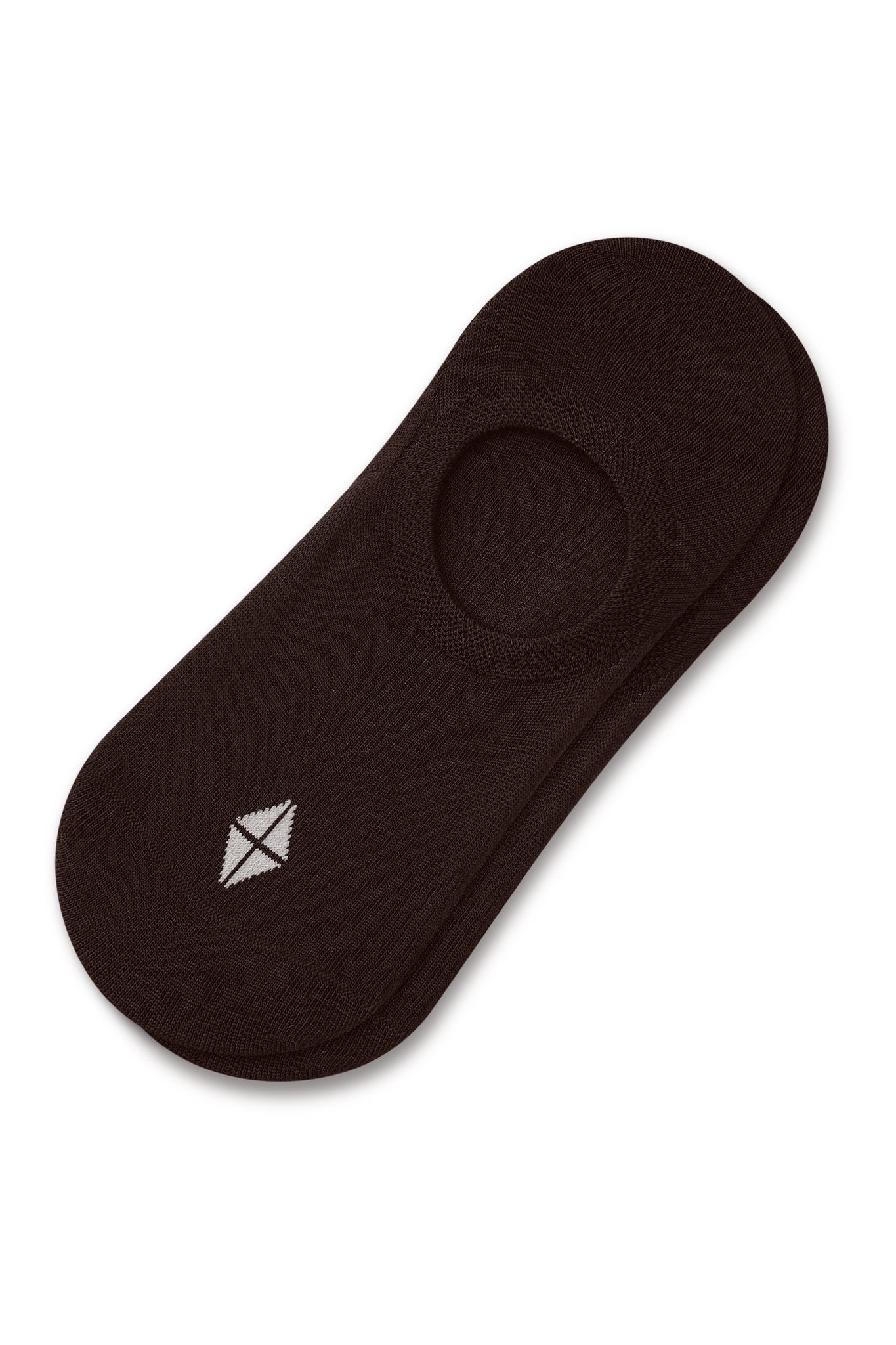 A single dark brown no-show sock with a small white geometric logo on the toe, displayed on a clean white background.