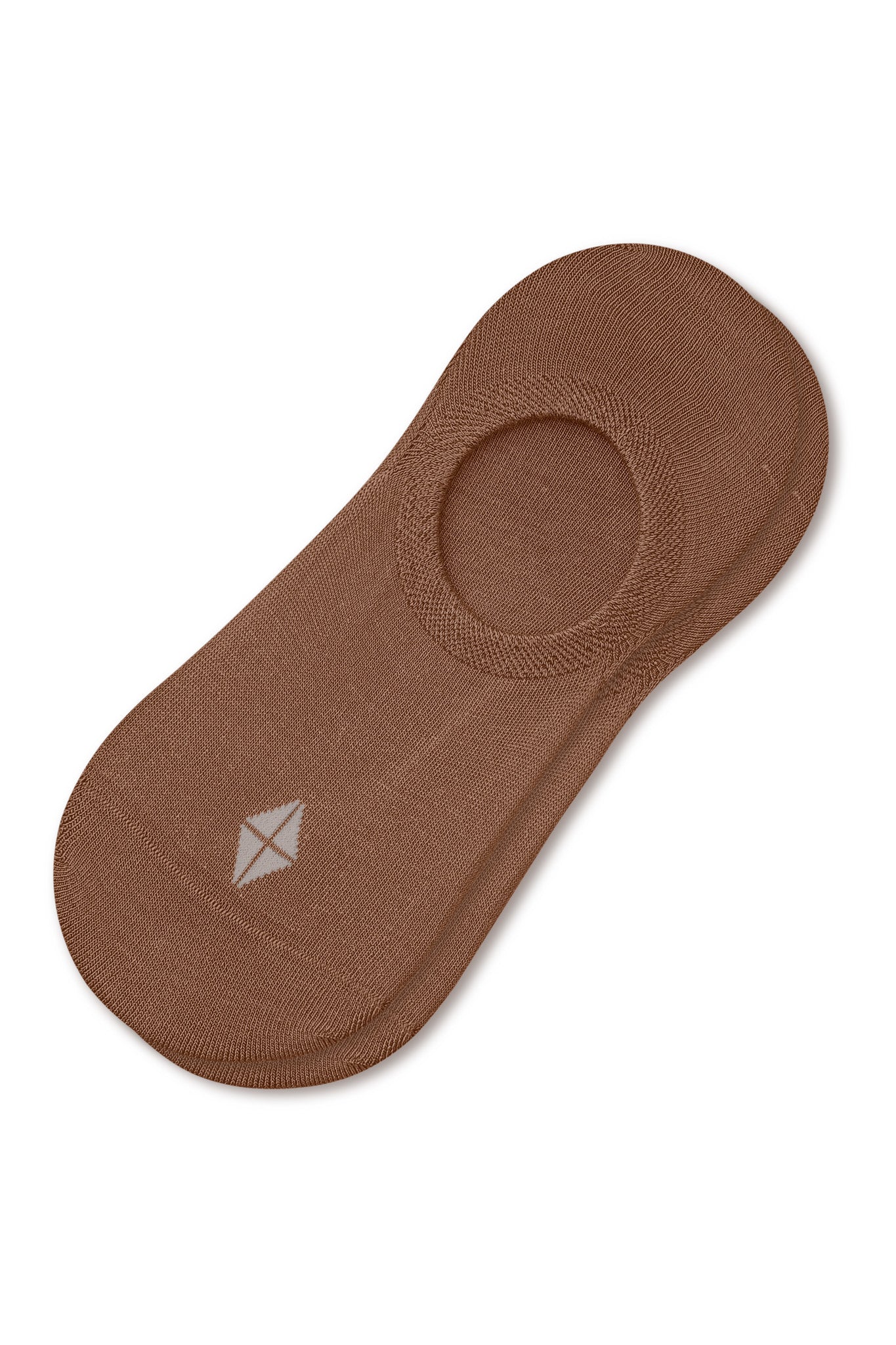 A single brown no-show sock with a small white geometric logo on the toe area, displayed on a clean white background.