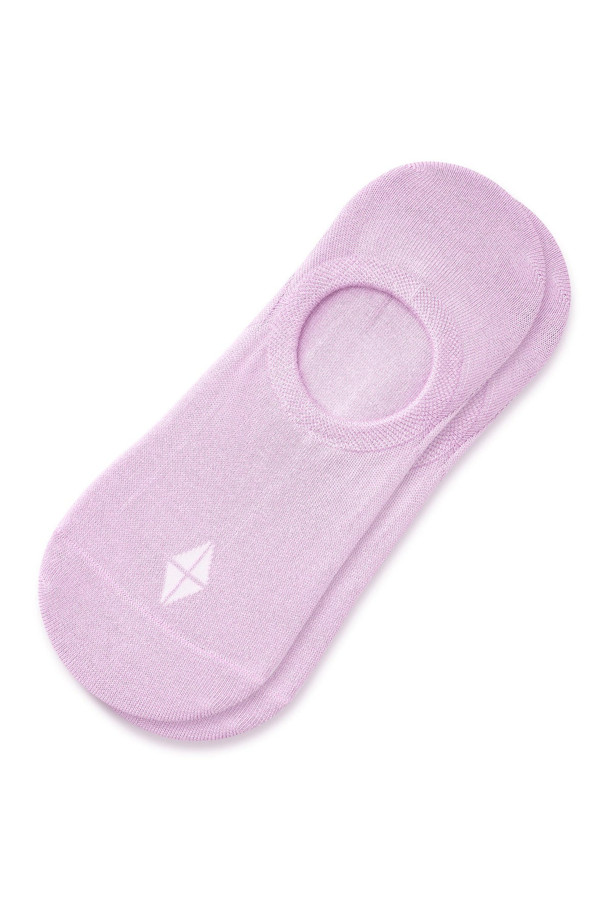 A single light pink no-show sock with a small white geometric logo on the toe, displayed flat against a white background.