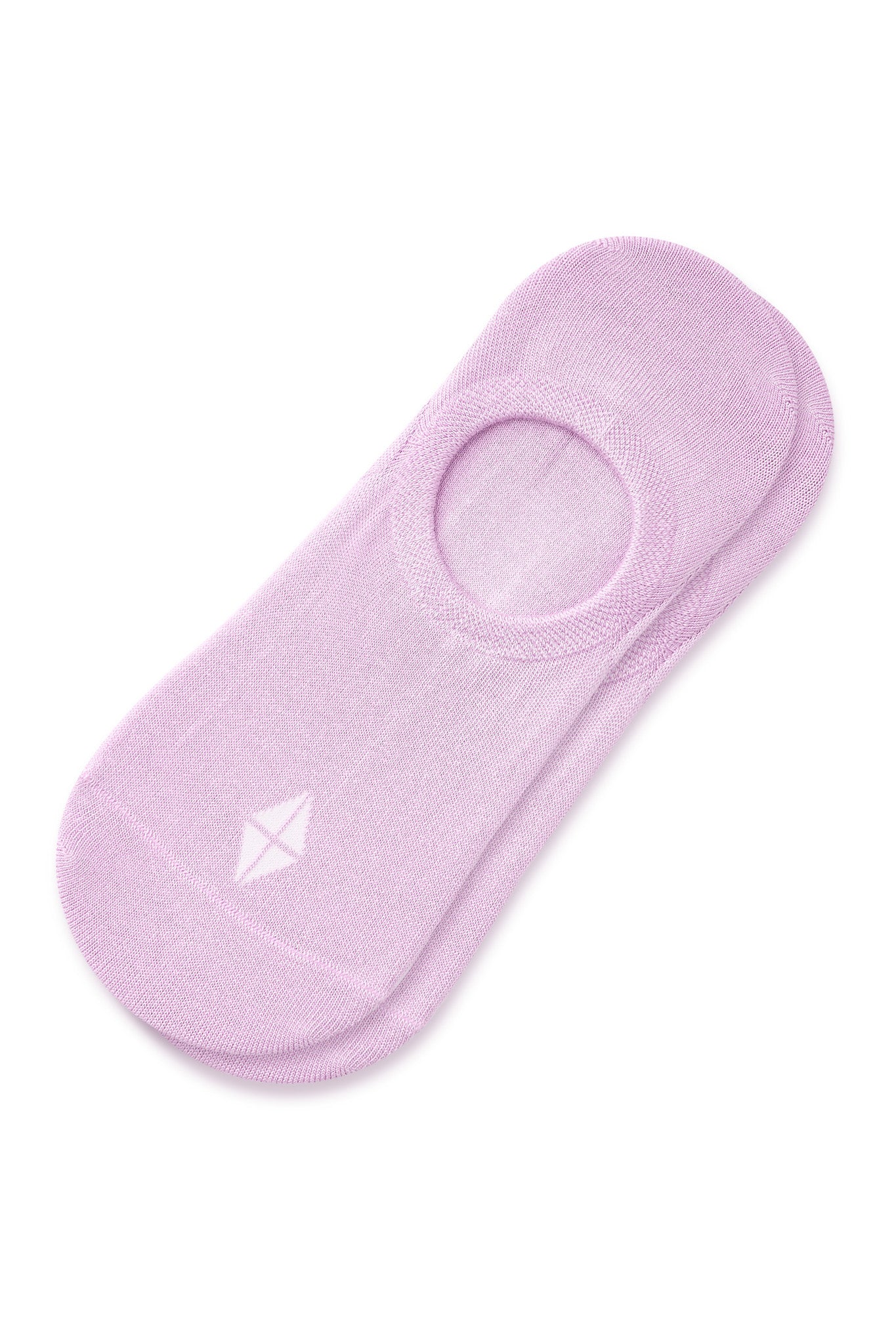 A single light pink no-show sock with a small white geometric logo on the toe, displayed flat against a white background.