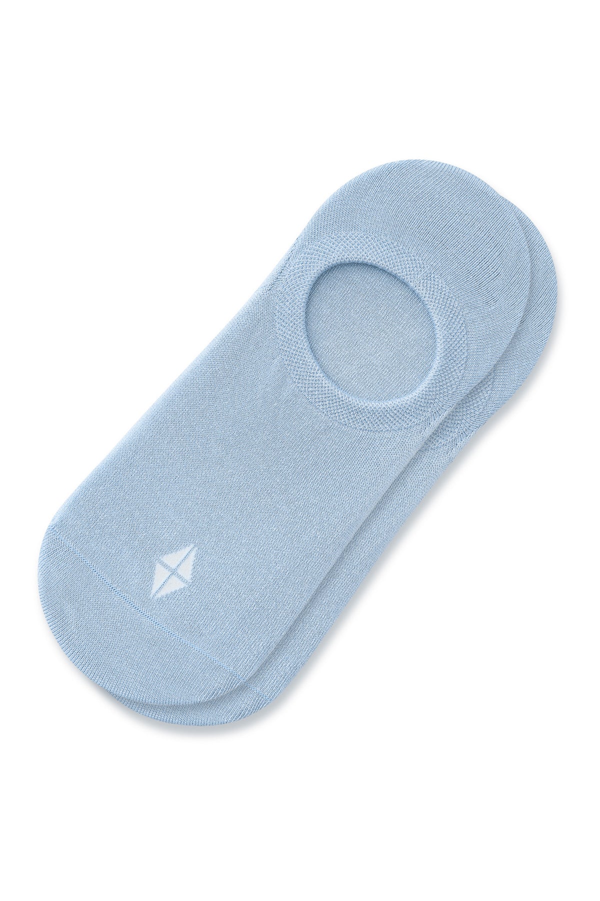 A pair of light blue low-cut no-show socks stacked on a white background, featuring a small white geometric logo on the toe.