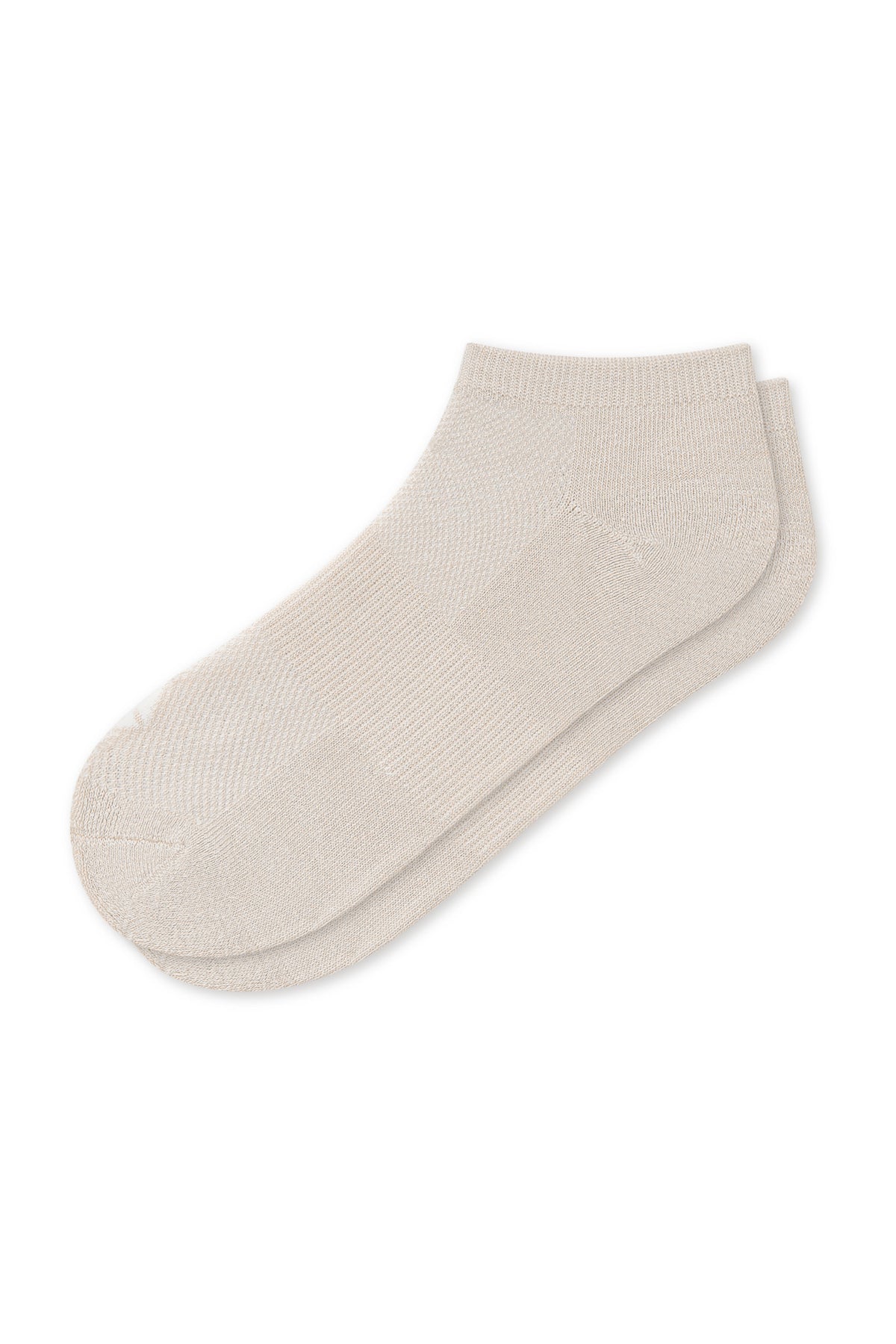 A pair of low-cut ankle socks in a light cream or off-white color, displayed against a solid white background.