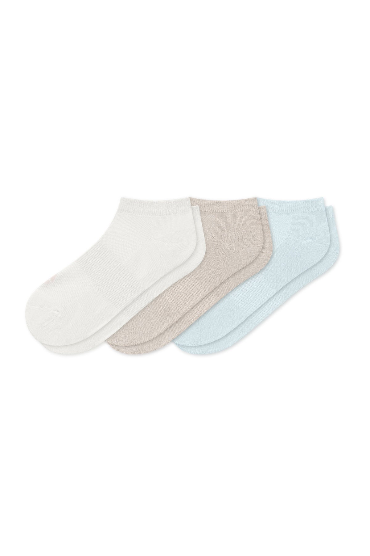Women's Ankle Socks 3-Pack in Cloud, Ice, and Oat laying flat on a white background.