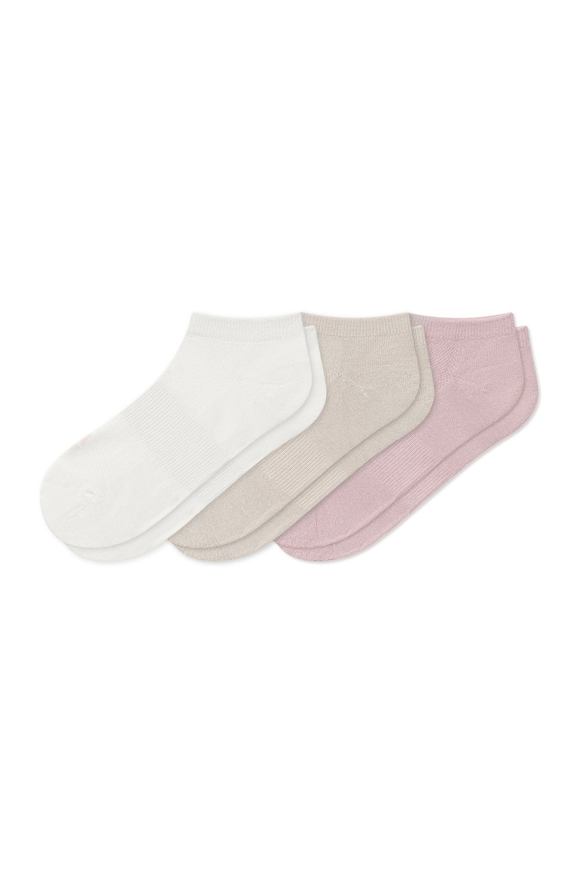 Women's Ankle Socks 3-Pack in Cloud, Blush, and Oat  laying flat on a white background.