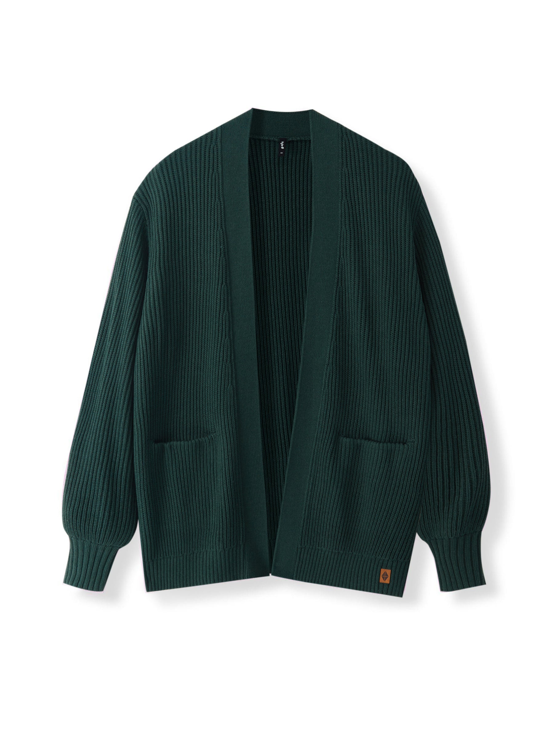 A dark green ribbed knit cardigan sweater with a V-neck, long sleeves, and two front patch pockets, shown against a plain white background.