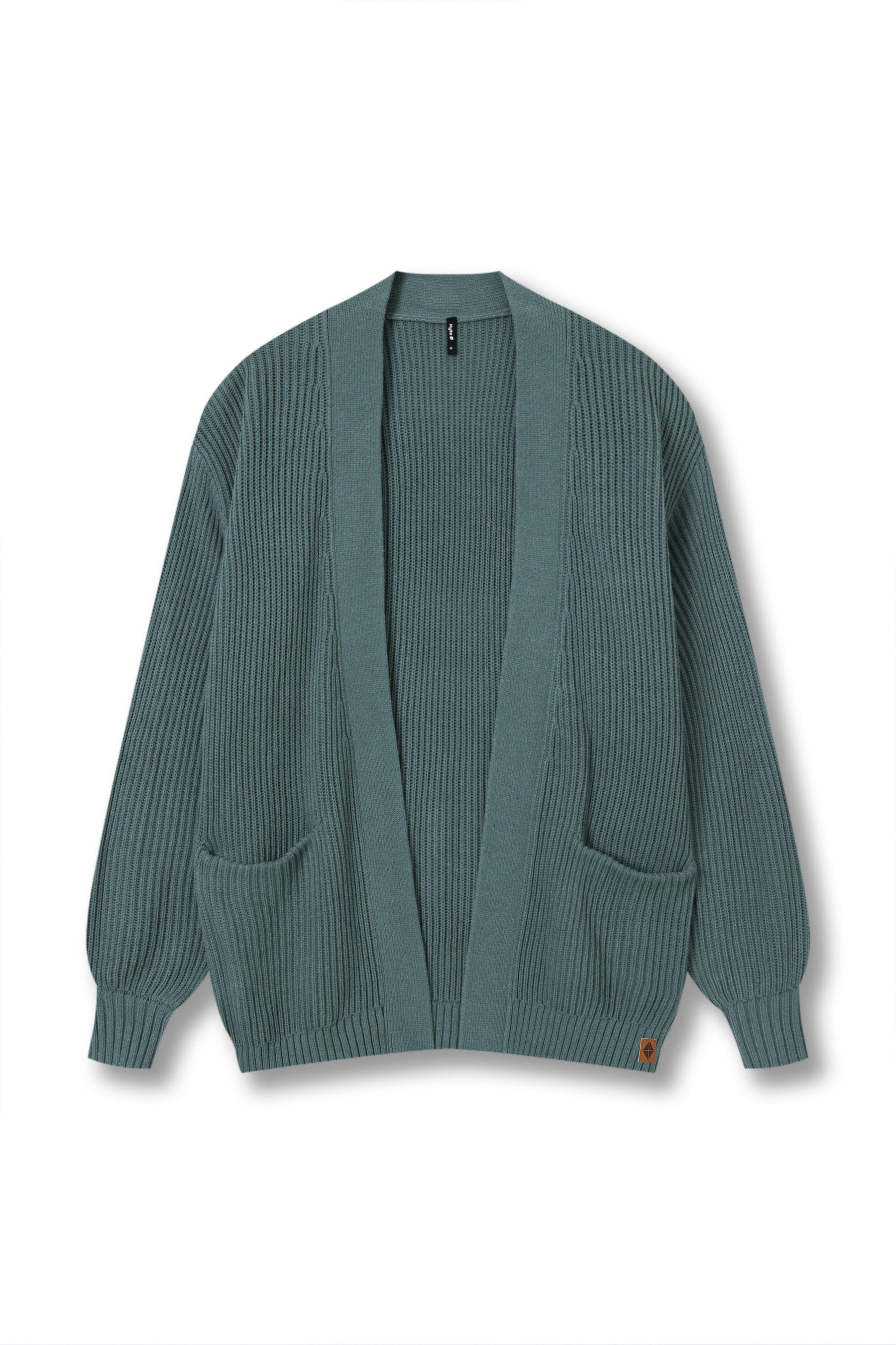 A muted teal-green ribbed knit cardigan sweater with a wide collar, long sleeves, and two front patch pockets, shown flat against a white background.