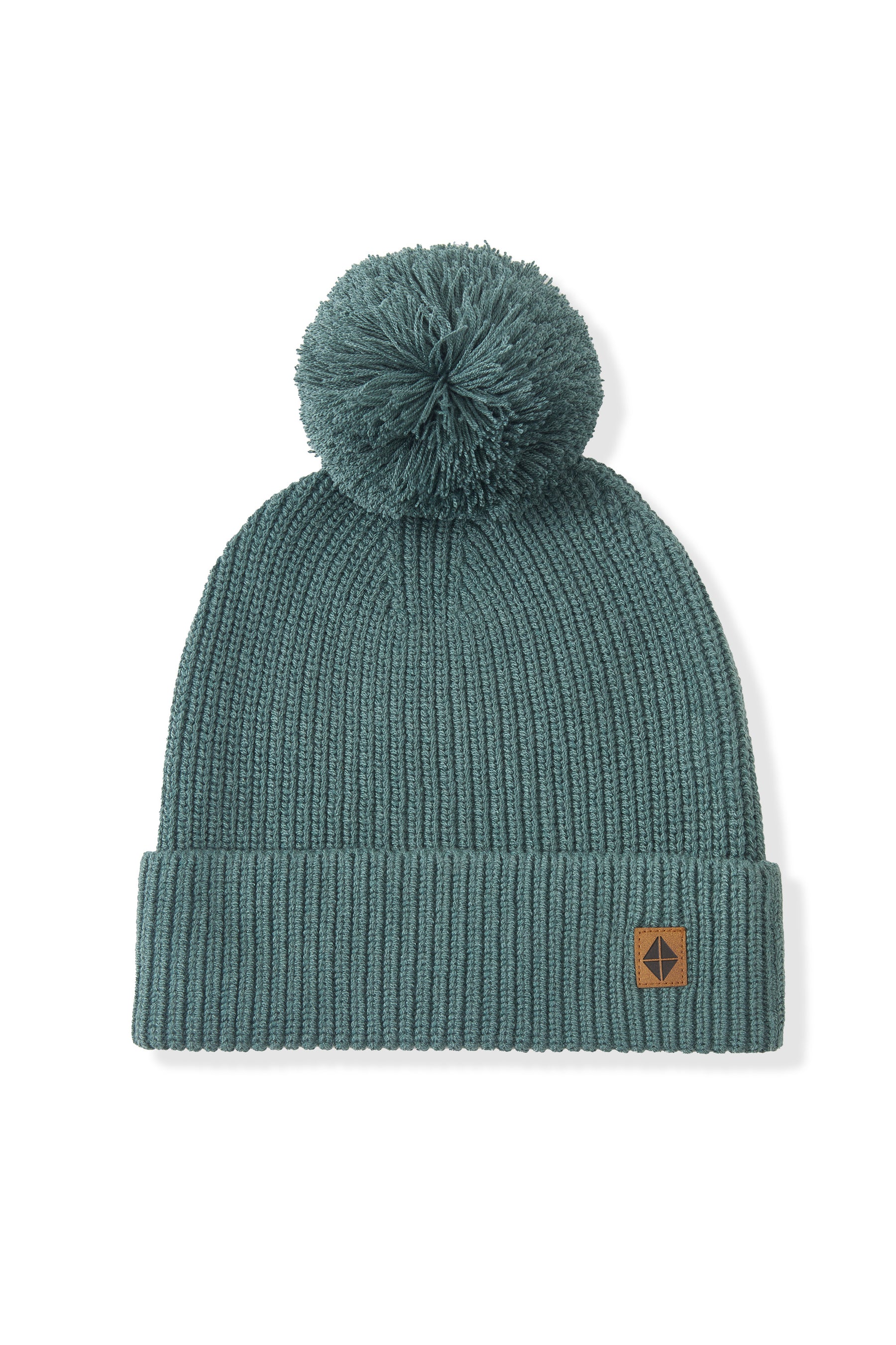 Green knit beanie with pom on a white background