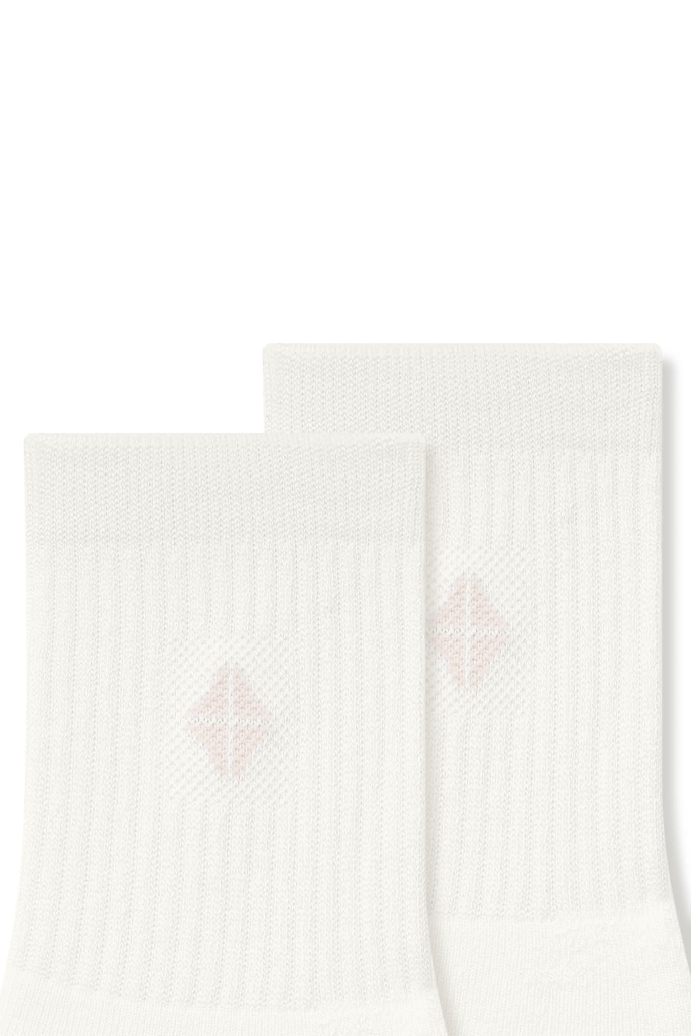Close up adult Crew Socks in Cloud laying flat on a white background.