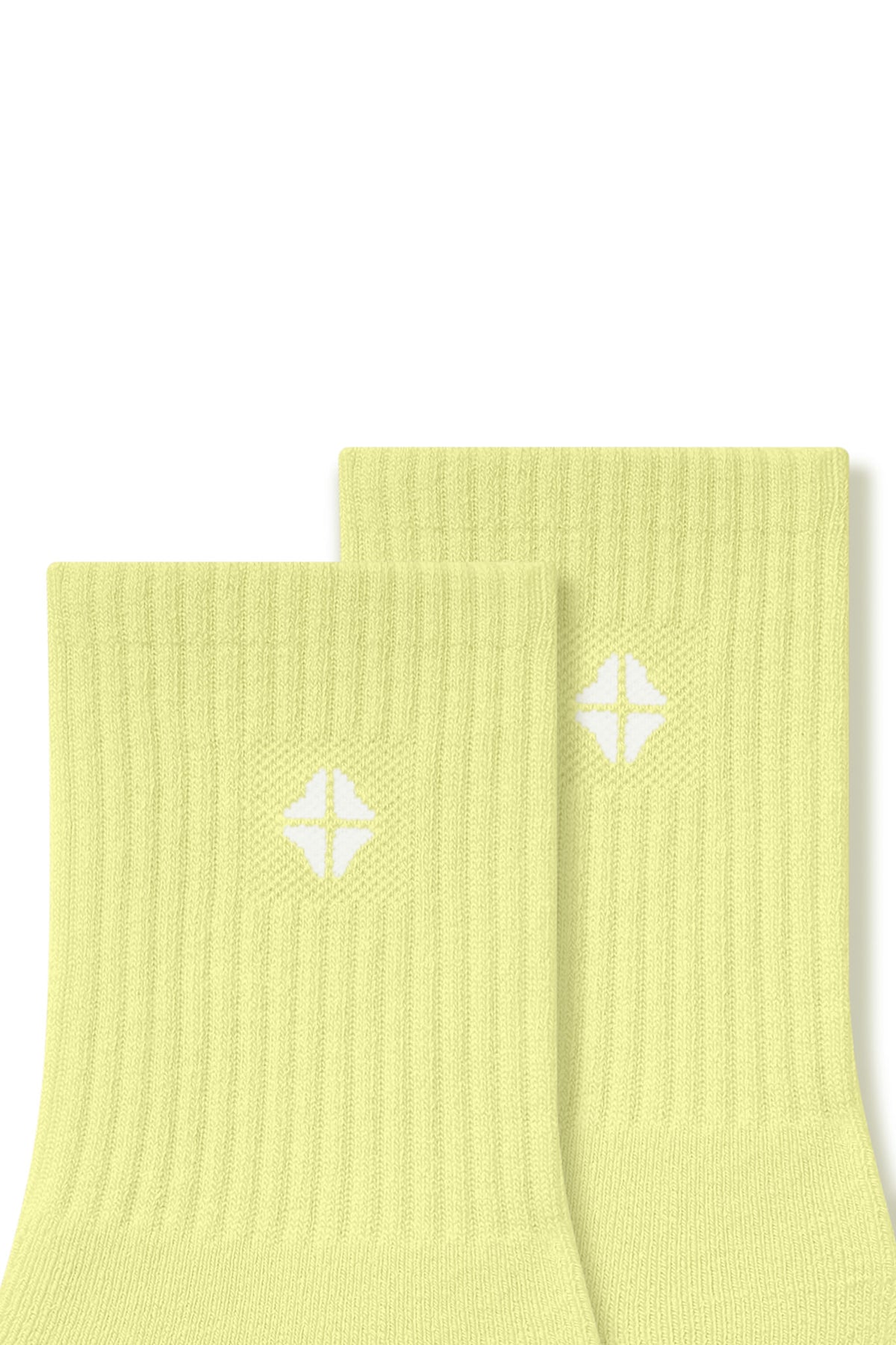 Top part of Adult Crew Socks in Citron with Kyte Baby logo on a white background