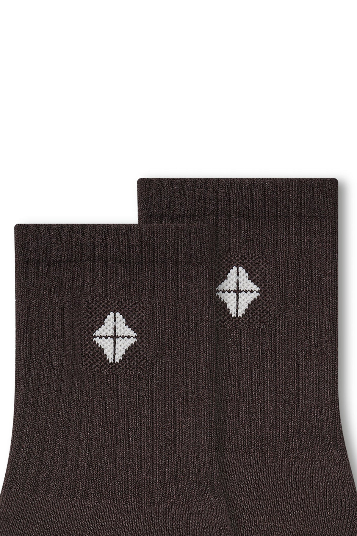 Top part of Adult Crew Socks in Espresso with Kyte Baby logo on a white background