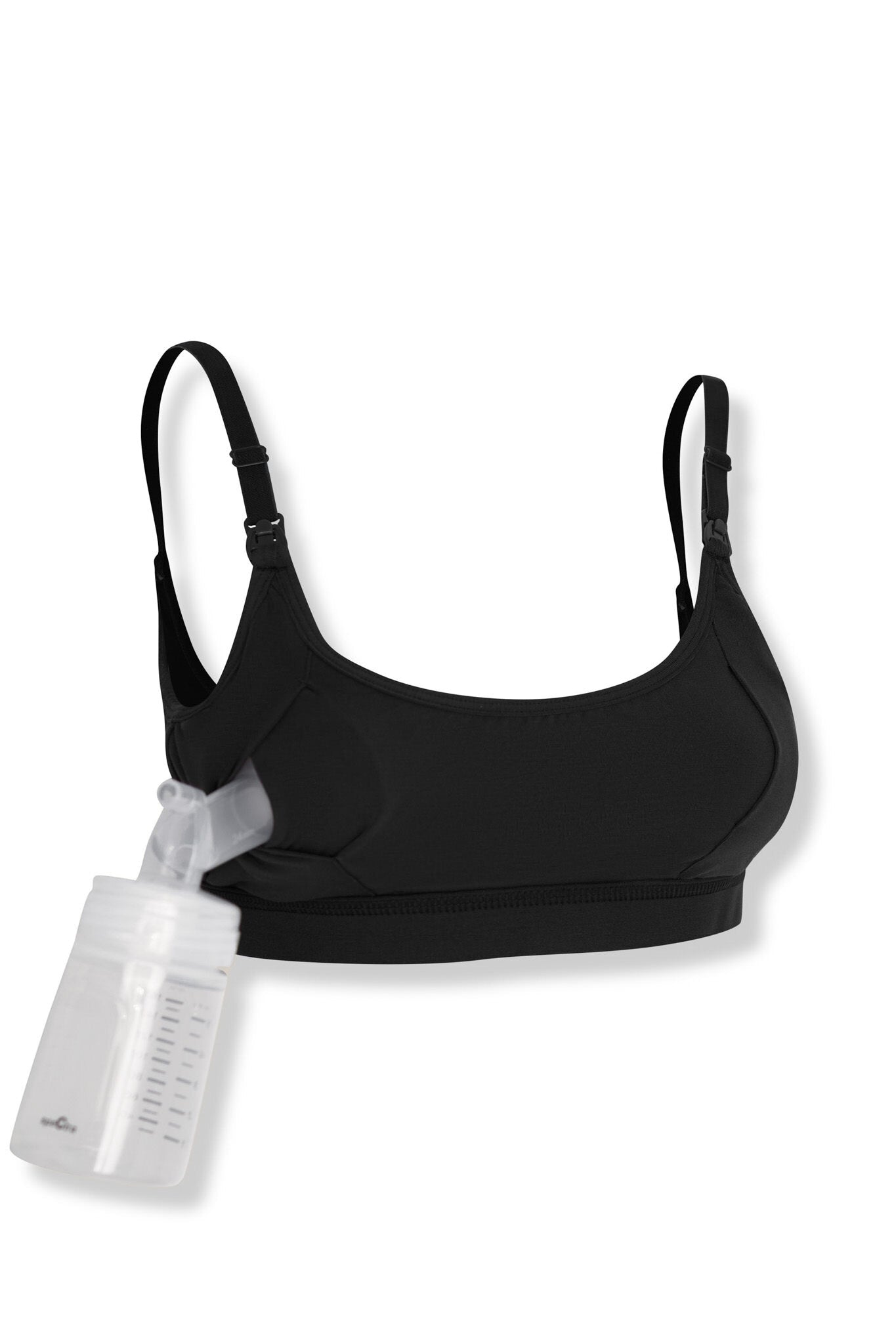 Clear pumping bottle attached to a black pumping bra
