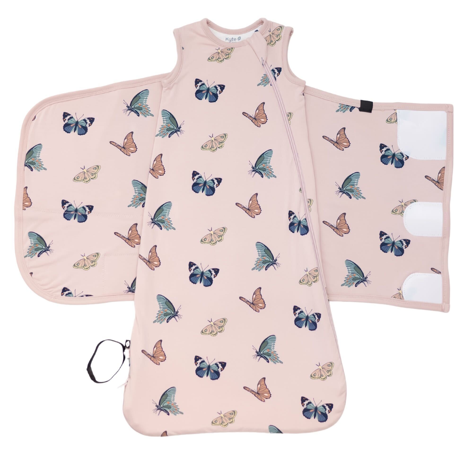 Swaddle portion open showing velcro closures on the 0.5 TOG Sleep Bag Swaddler in Blush Butterfly