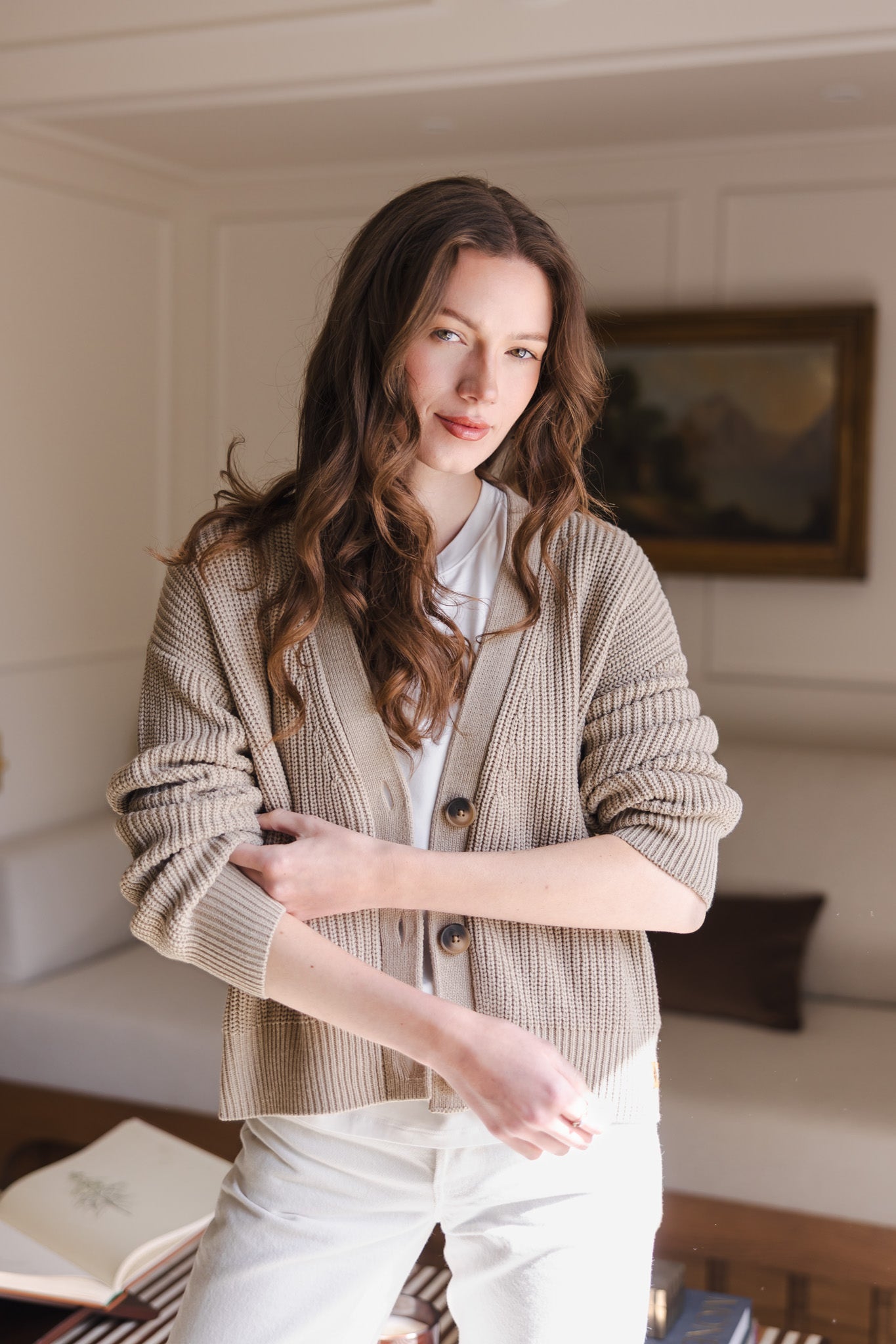 Modal wearing Chunky Knit Women's Cropped Cardigan in Almond