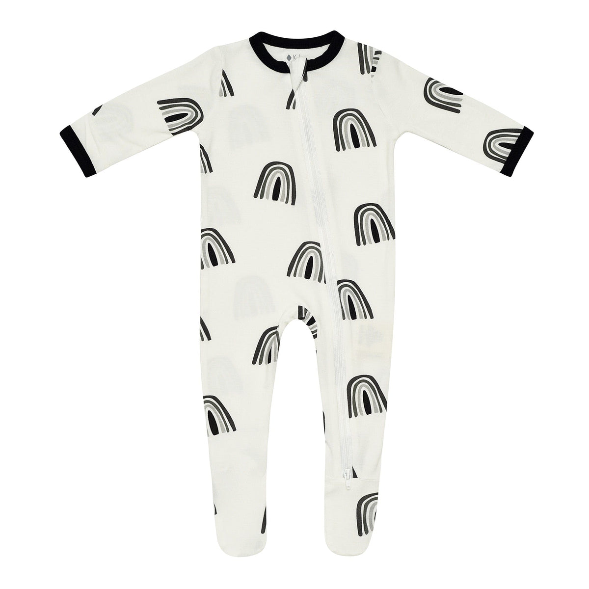 zippered footie in black and white rainbow