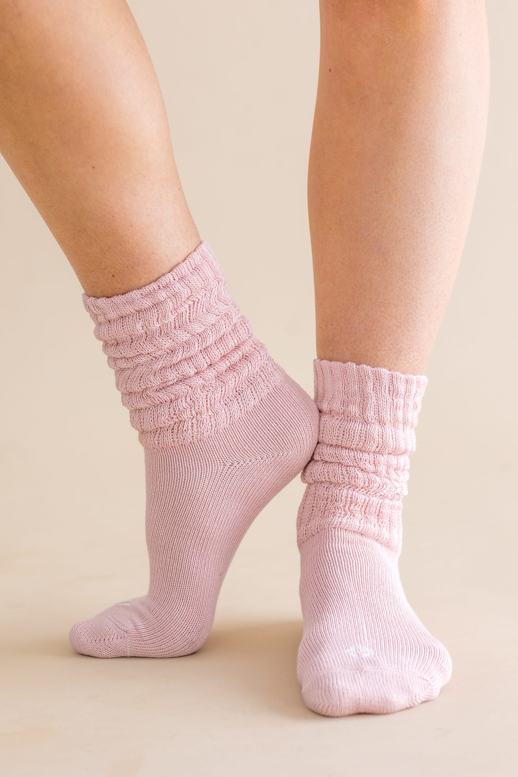 Adult Scrunch Socks in Blush shown on a models feet