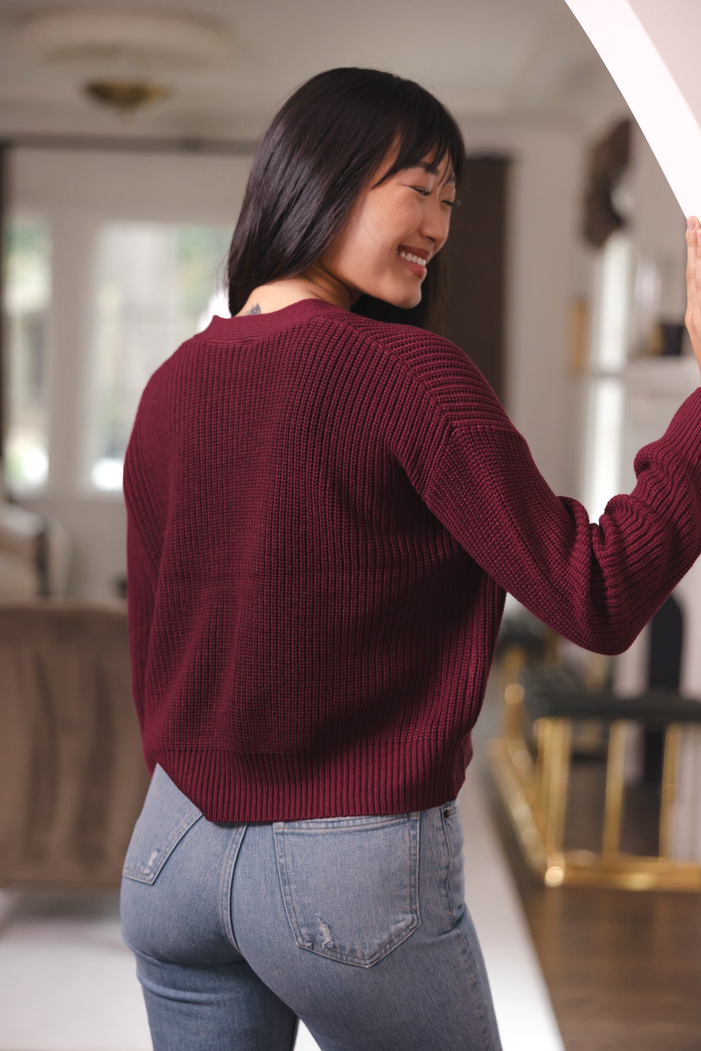 Modal showcasing the back side of Chunky Knit Women's Cropped Cardigan in Burgundy