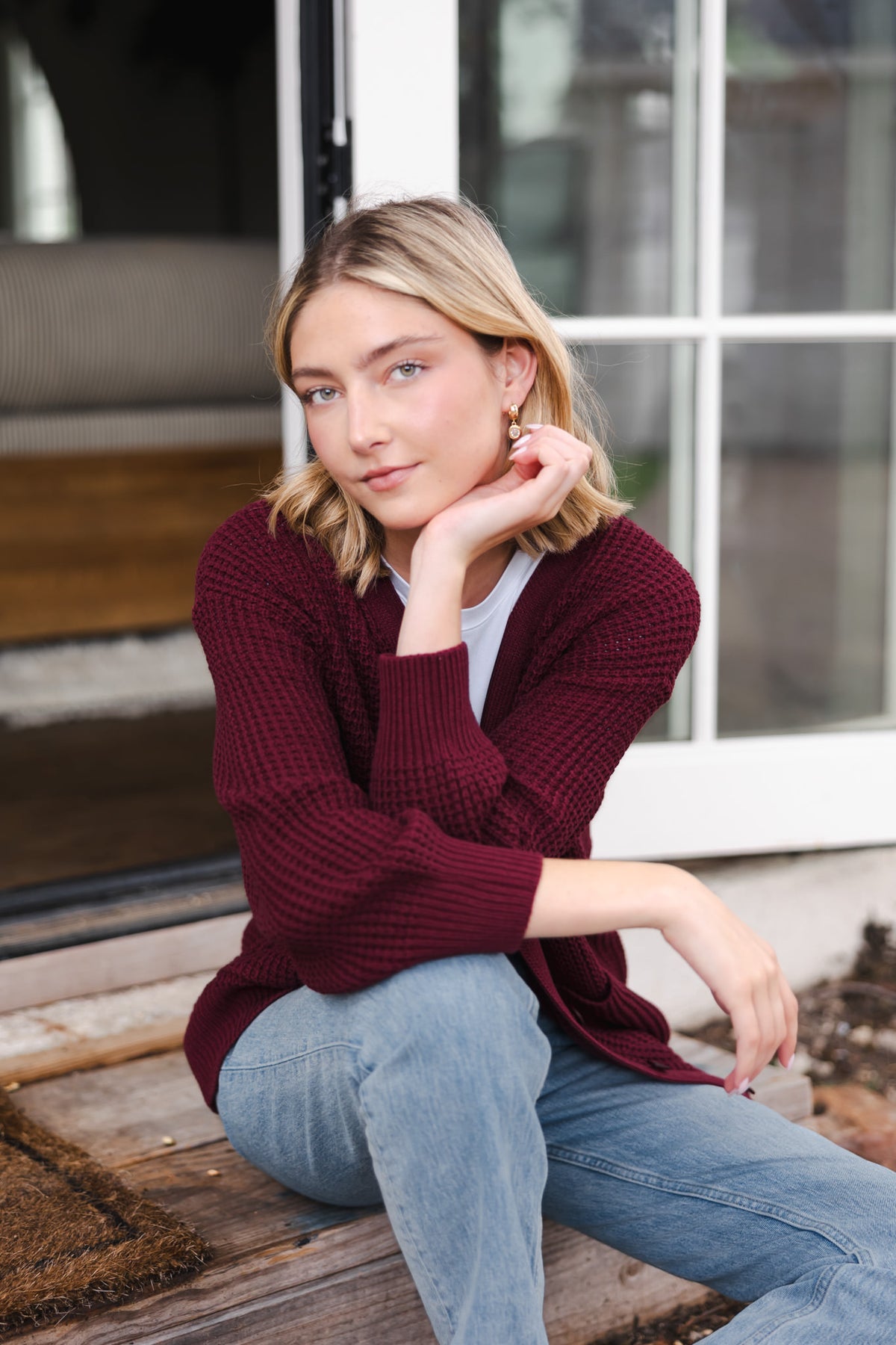 Chunky Knit Women's Waffle Cardigan in Burgundy