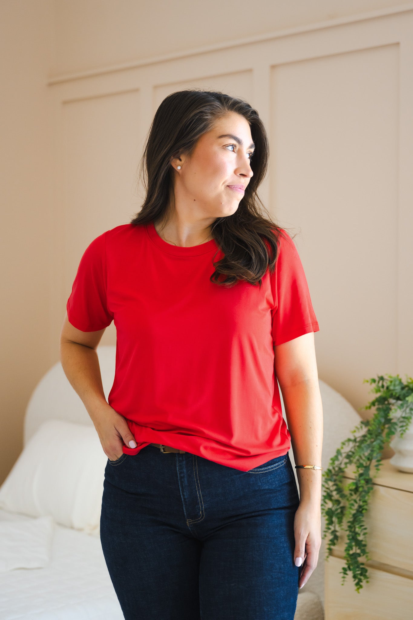 Model in Women's Crew Neck Tee in Cardinal over navy denim