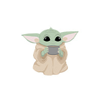 A stylized cartoon illustration of a small green creature with large ears and a beige robe holding a gray mug, centered on a plain white background.