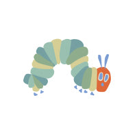 A stylized cartoon caterpillar with blue, green, and yellow segments and an orange head, shown on a plain white background.