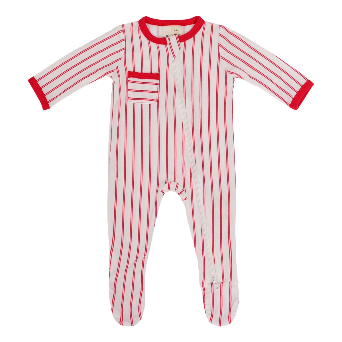 zippered footie in crimson stripes