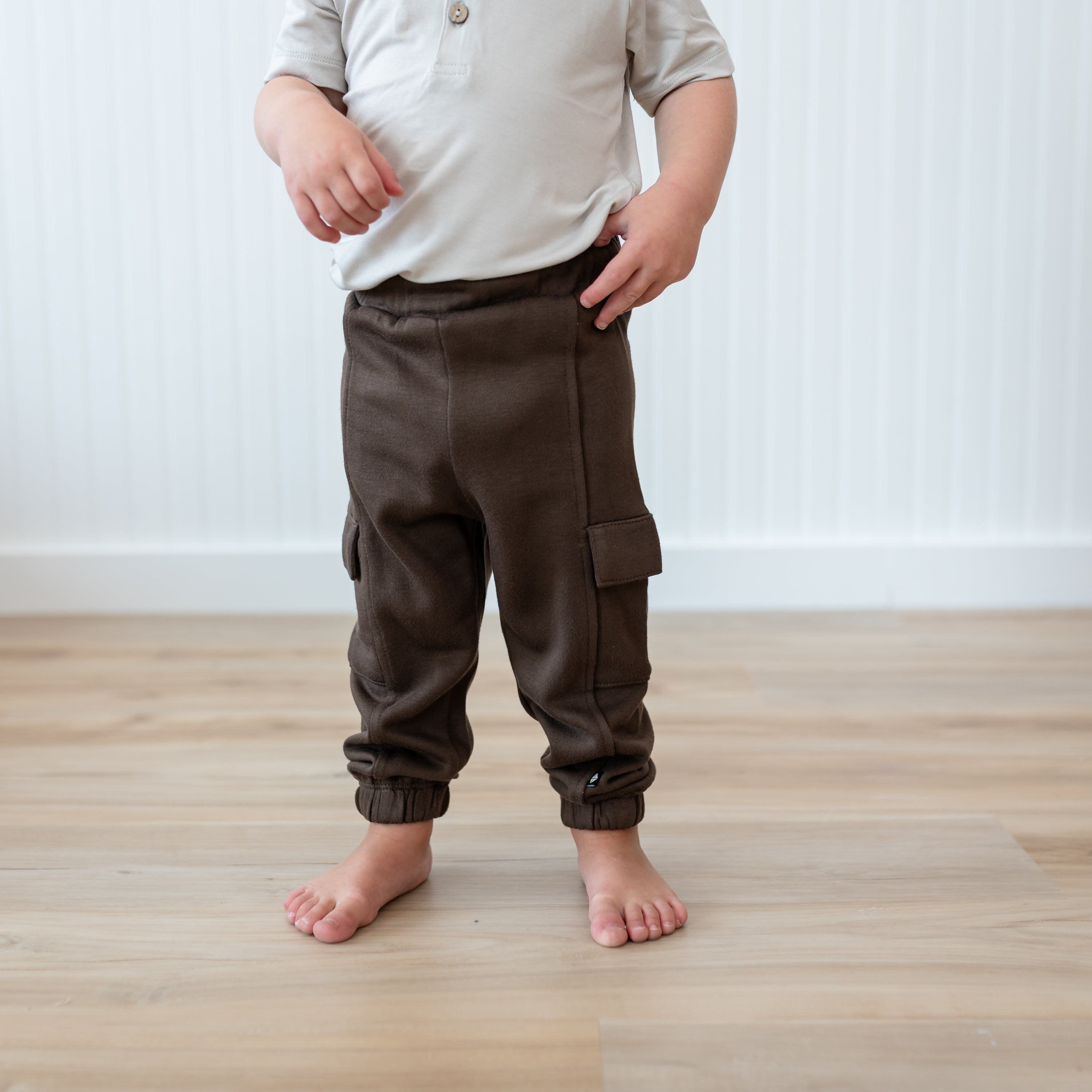 Fleece Cargo Pants in Espresso shown on a toddler model