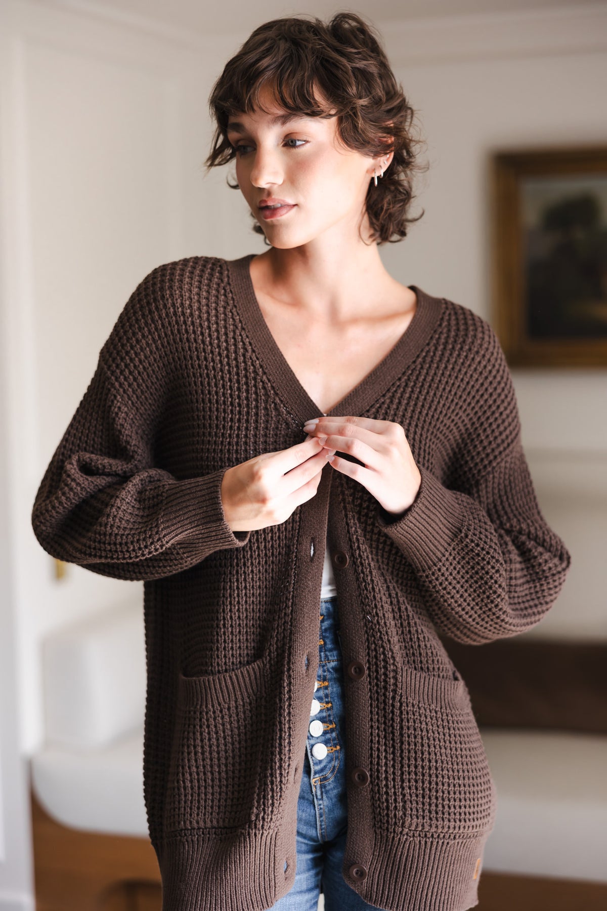 Chunky Knit Women's Waffle Cardigan In Espresso