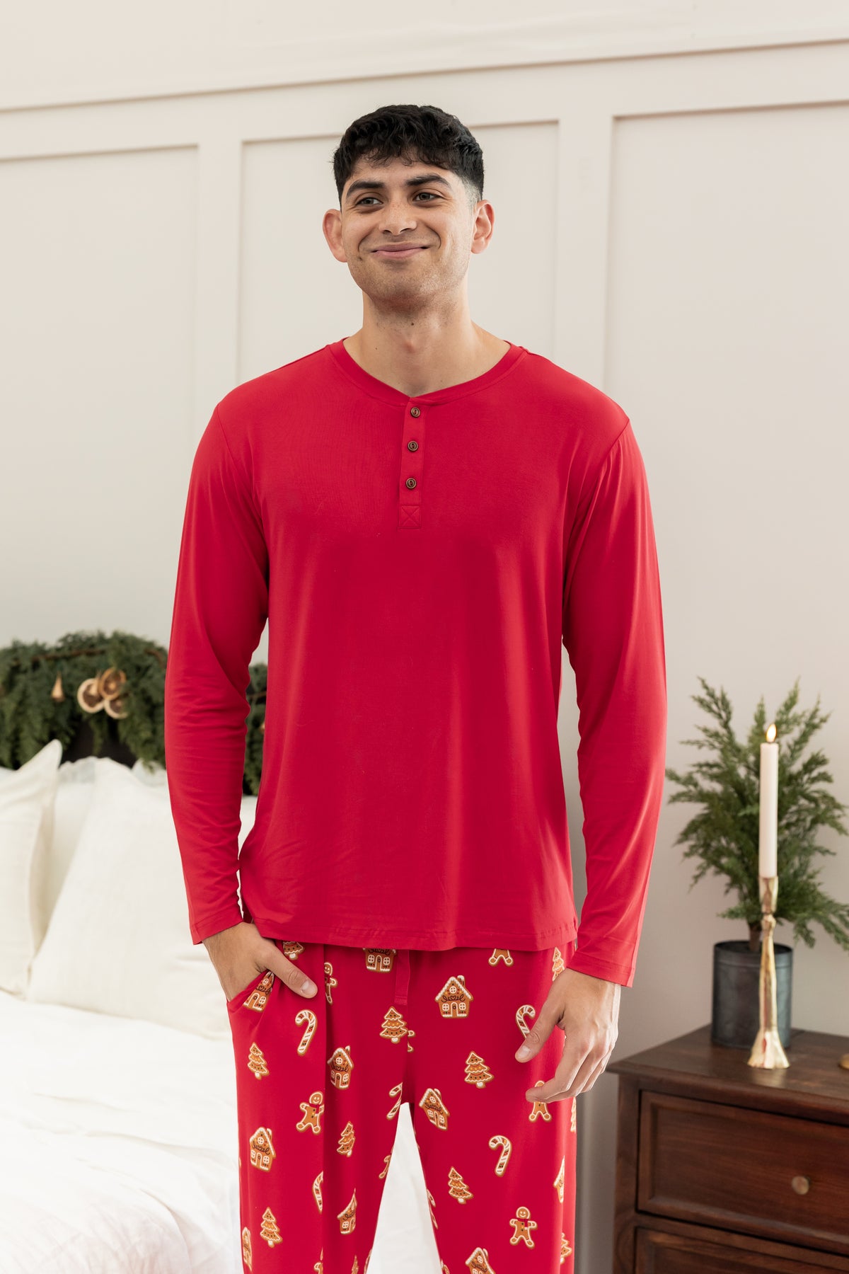 Men's Long Sleeve Henley Top in Cardinal