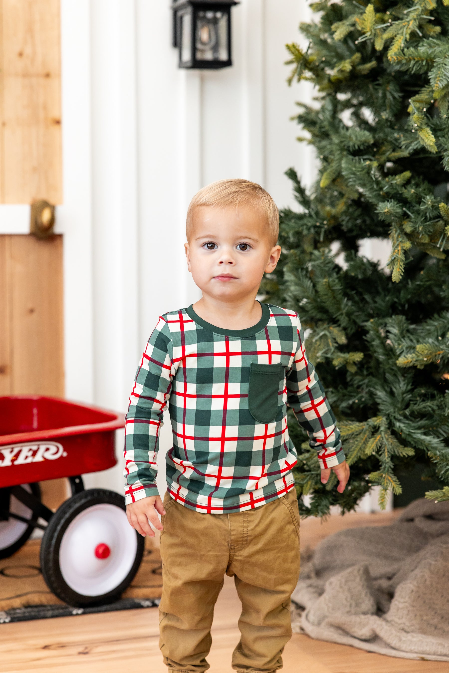 Long Sleeve Toddler Crew Neck Tee in Holiday Plaid