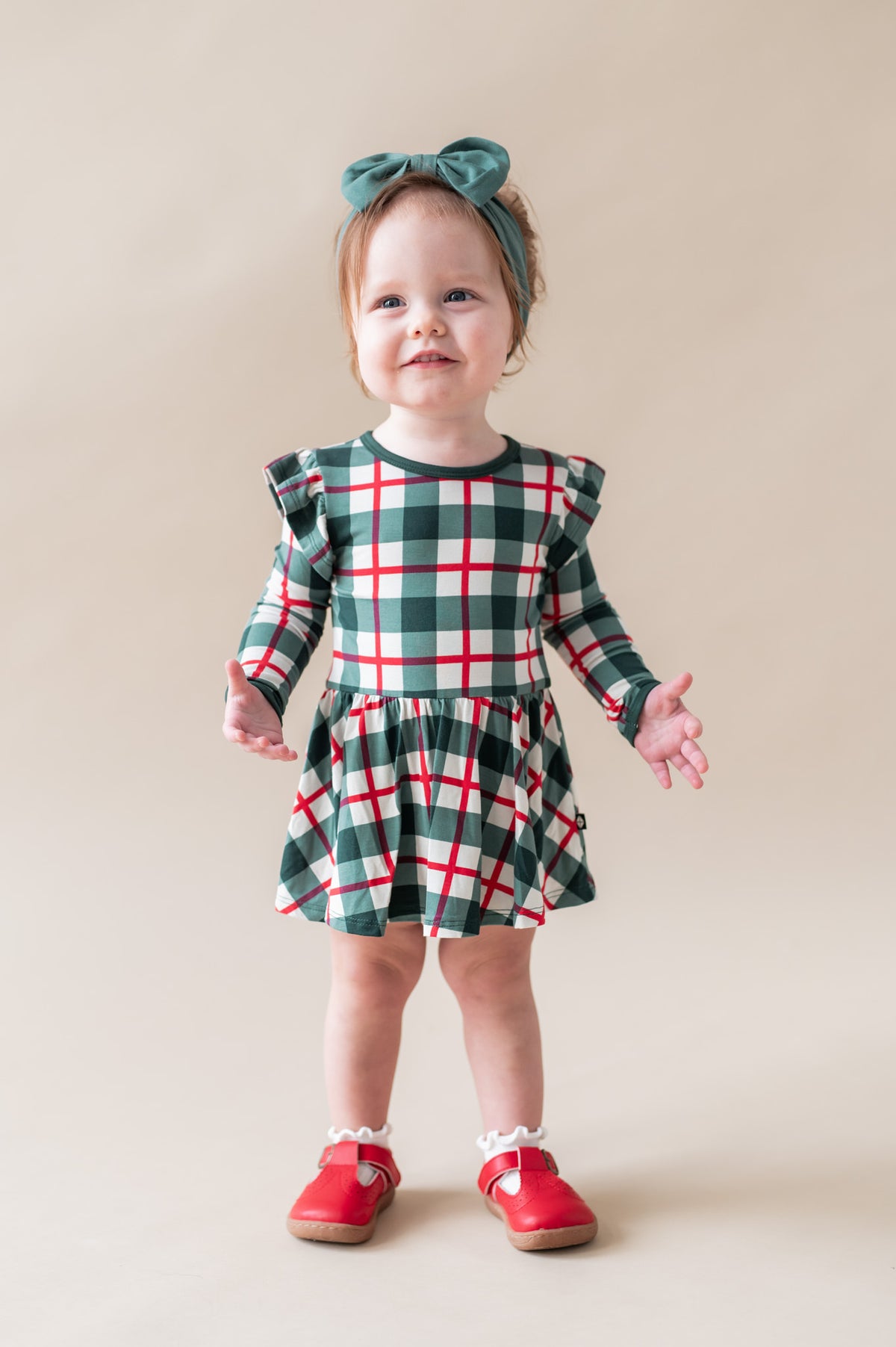Long Sleeve Twirl Bodysuit Dress in Holiday Plaid