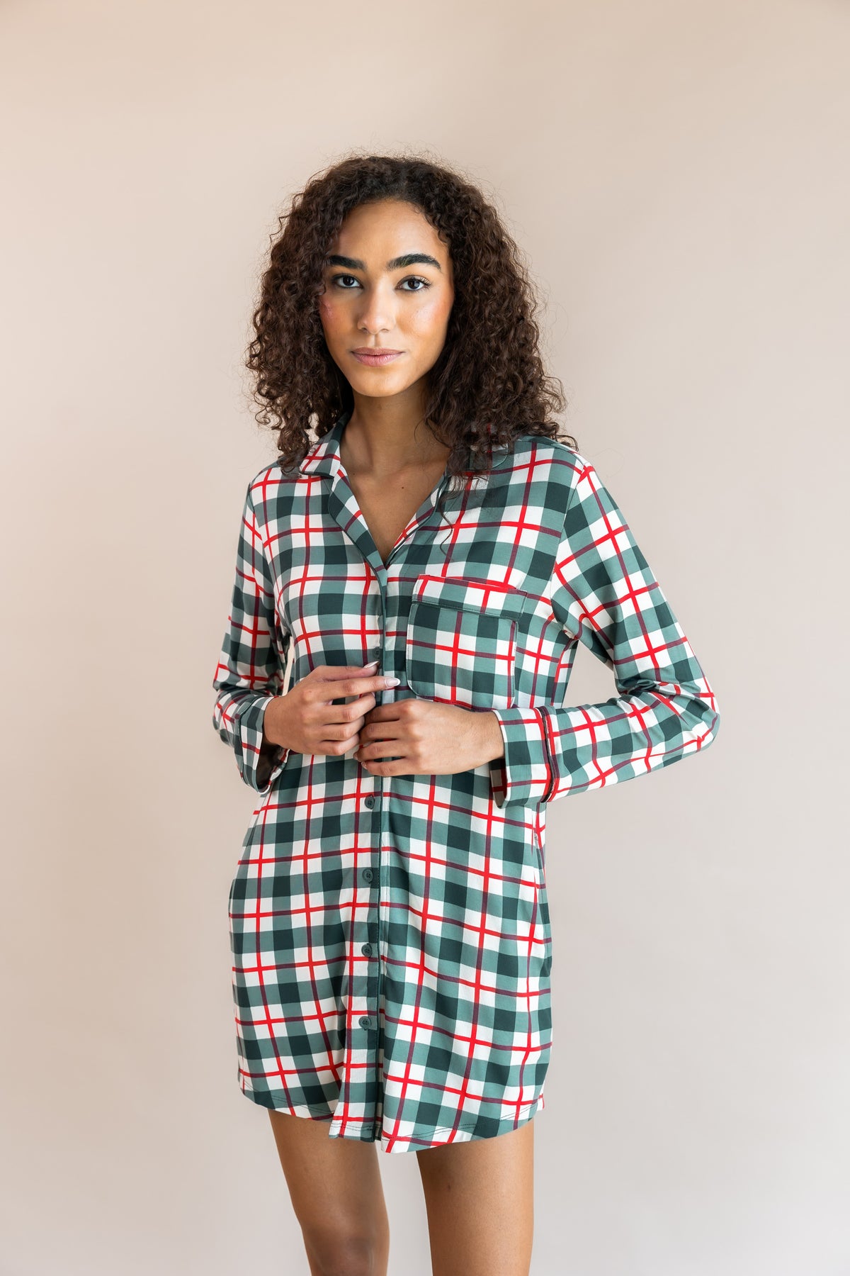 Long Sleeve Women’s Nightshirt in Holiday Plaid