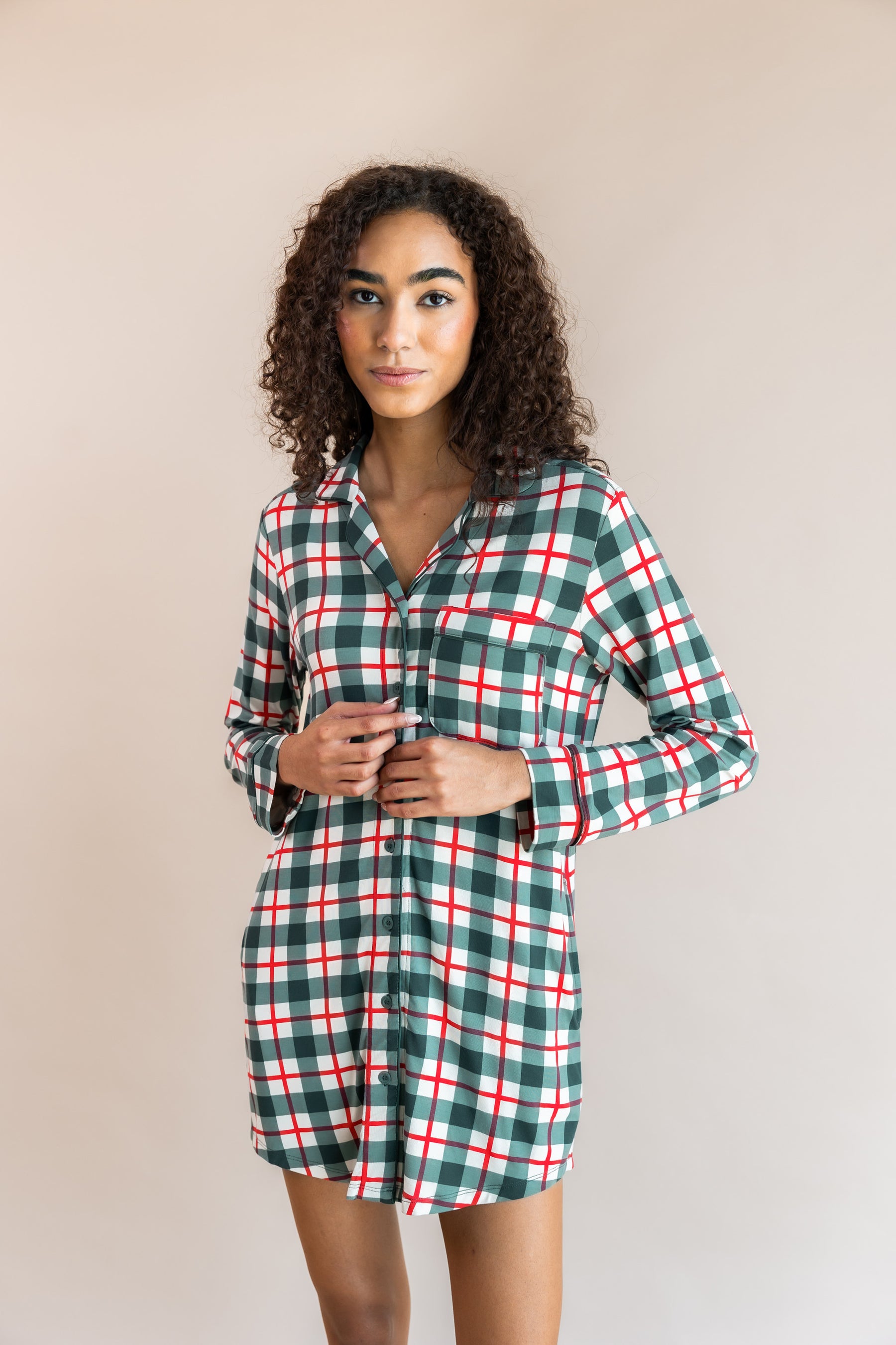 Long Sleeve Women’s Nightshirt in Holiday Plaid