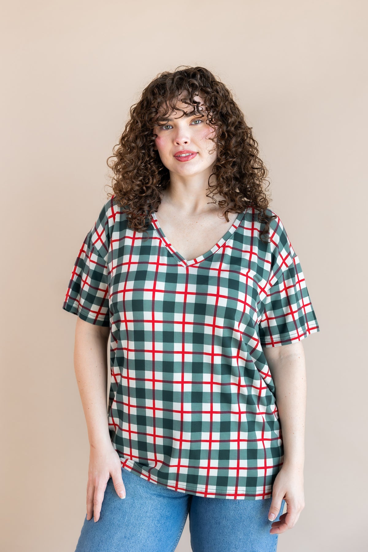 Women's Oversized V-Neck Tee in Holiday Plaid